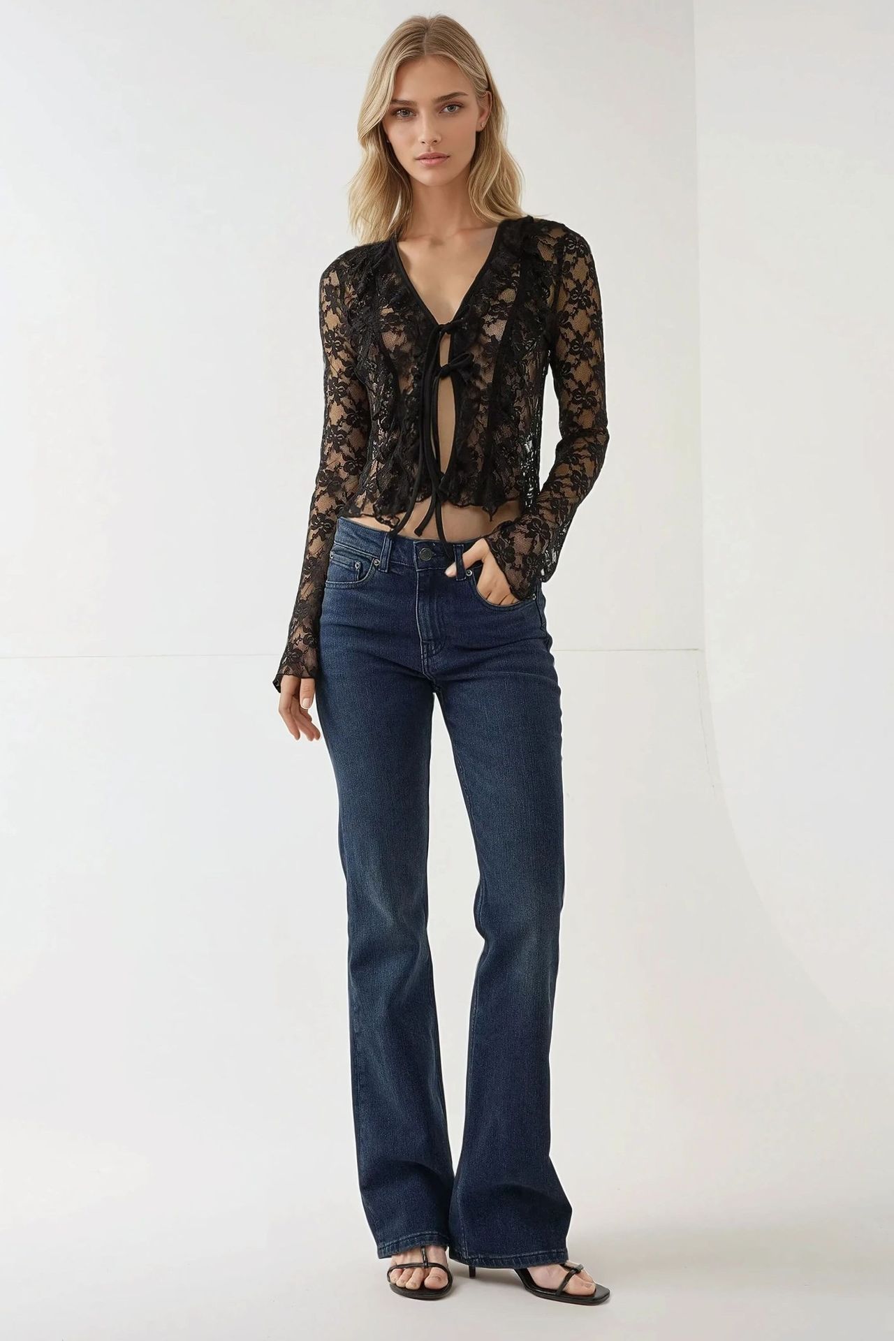 Fitted Long Sleeve V-Neck Lace Blouse