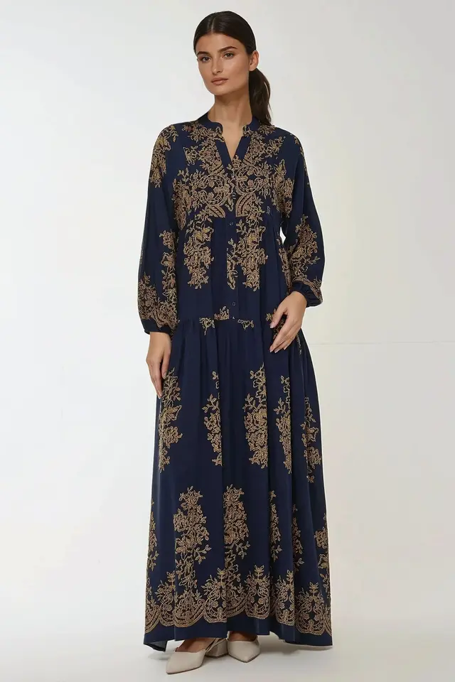 Printed Long Sleeve Viscose Maxi Dress 