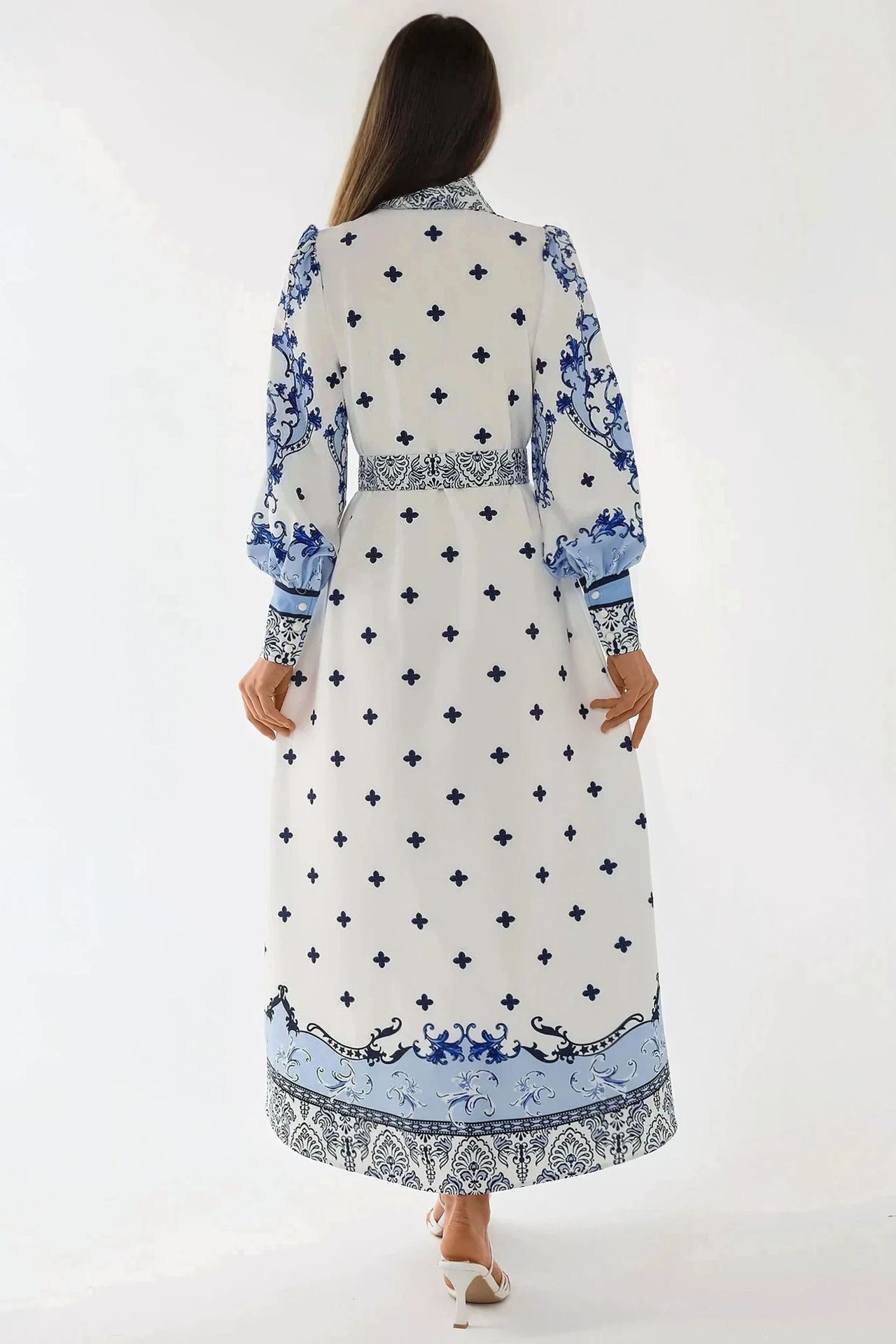 Printed Long Sleeve Maxi Dress with Belt