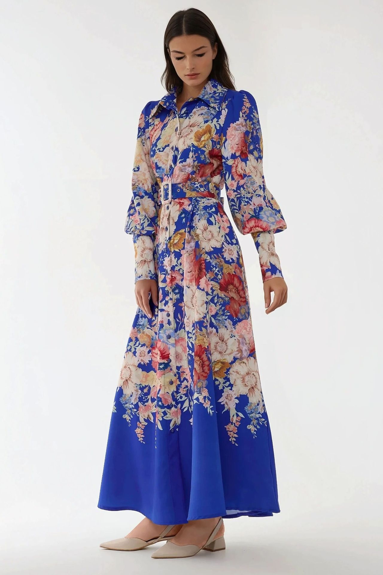 Printed Long Sleeve Maxi Dress with Belt