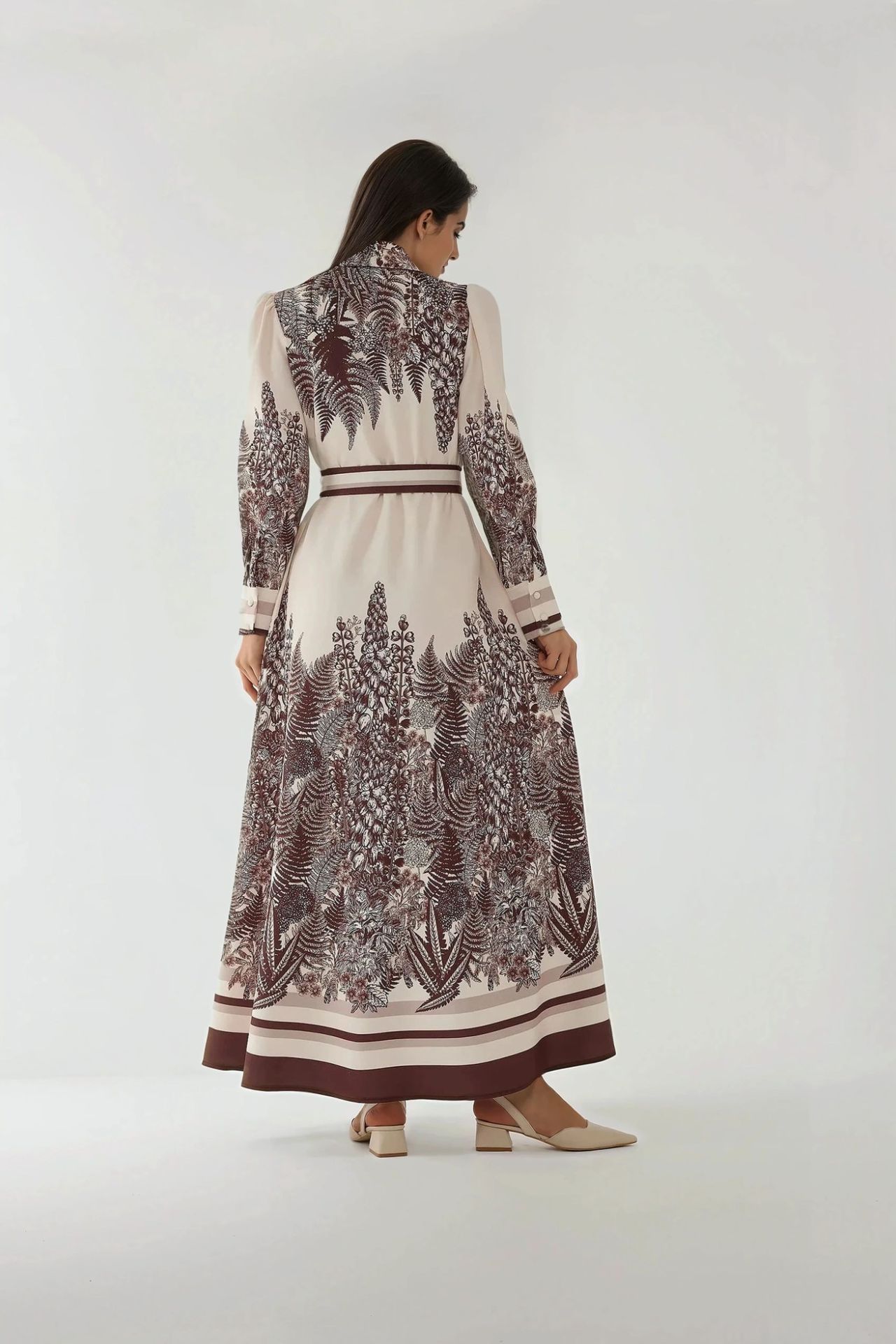 Printed Long Sleeve Maxi Dress with Belt