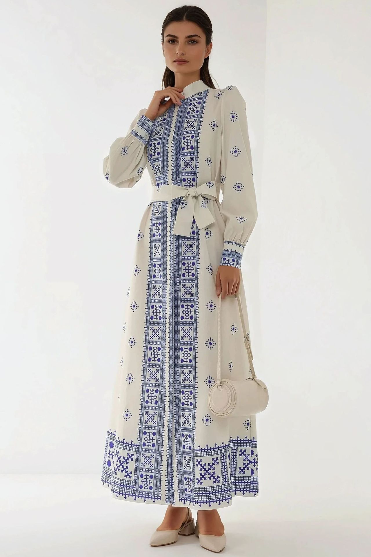 Printed Long Sleeve Maxi Dress with Belt