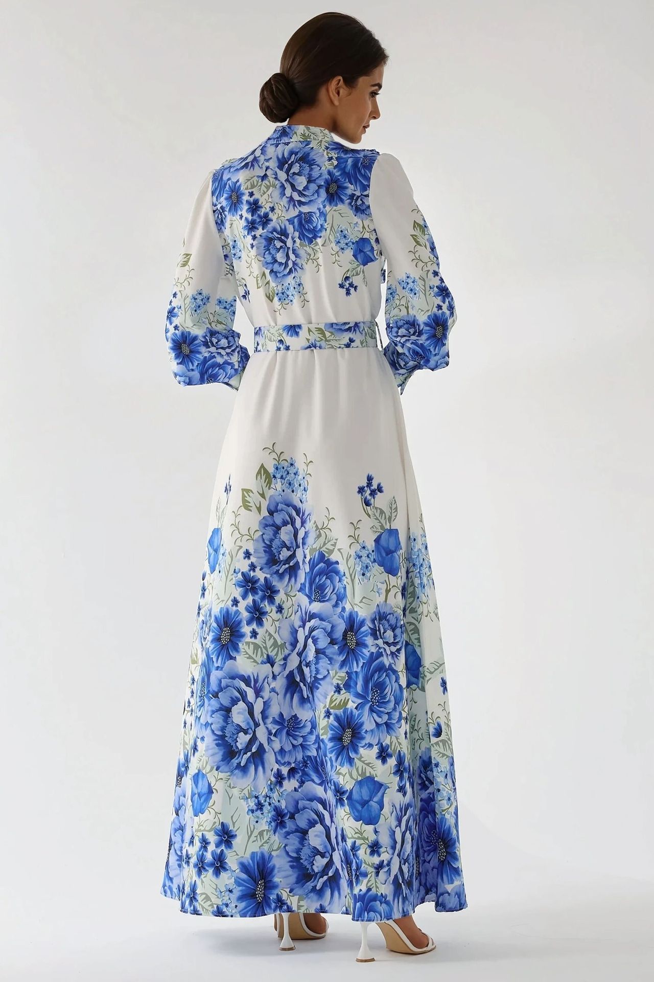 Printed Long Sleeve Maxi Dress with Belt