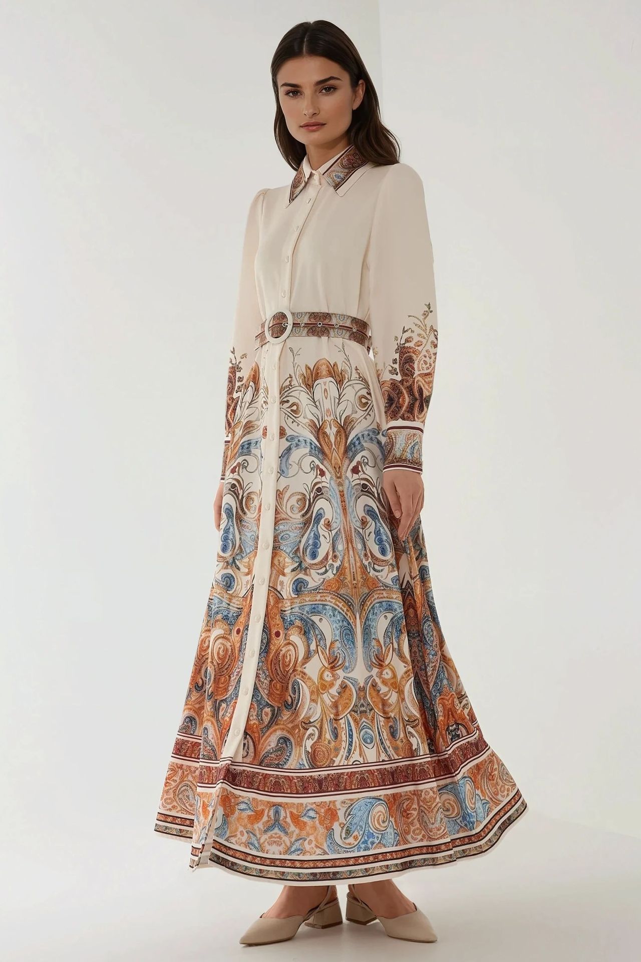 Printed Long Sleeve Maxi Dress with Belt