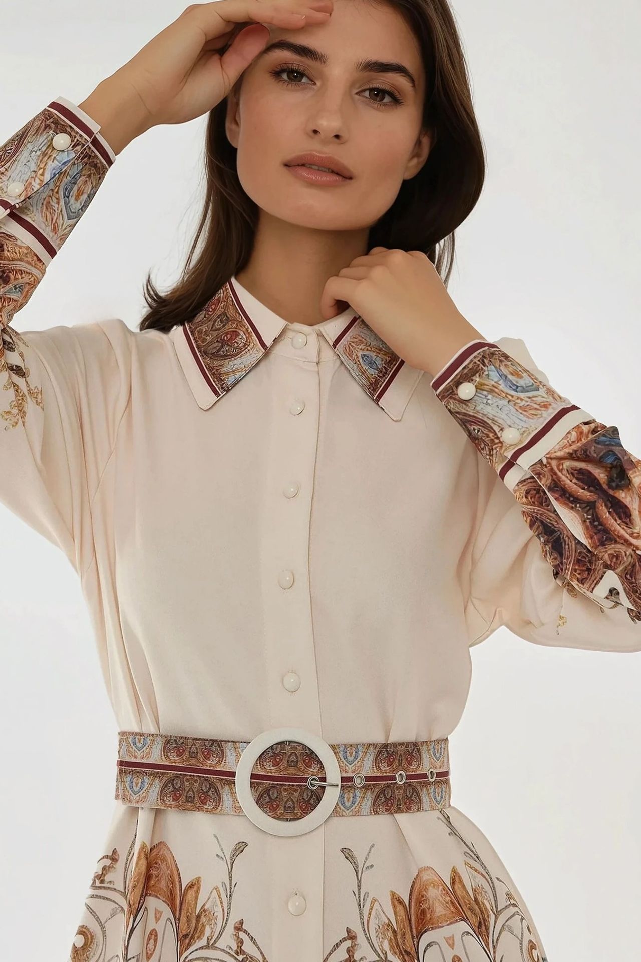 Printed Long Sleeve Maxi Dress with Belt