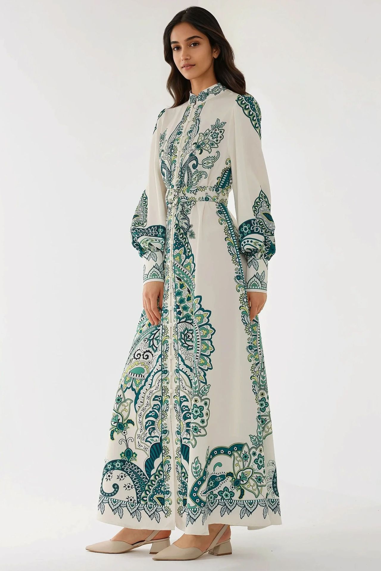 Printed Long Sleeve Maxi Dress with Belt