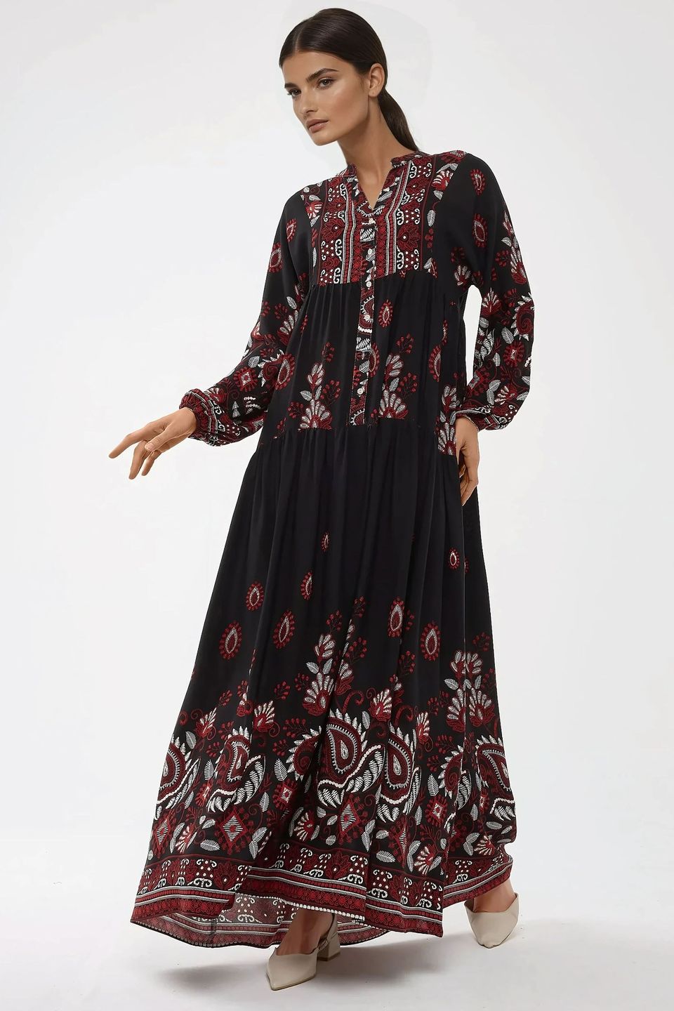 Printed Long Sleeve Viscose Maxi Dress 