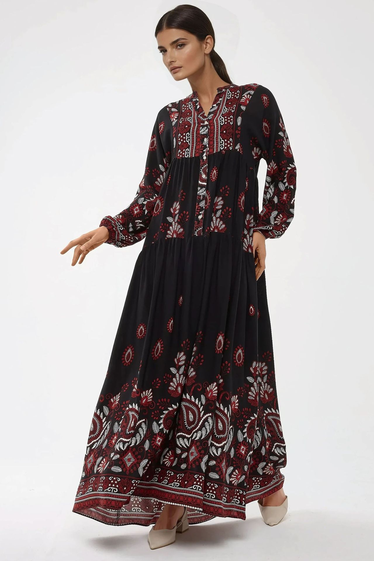 Printed Long Sleeve Viscose Maxi Dress 