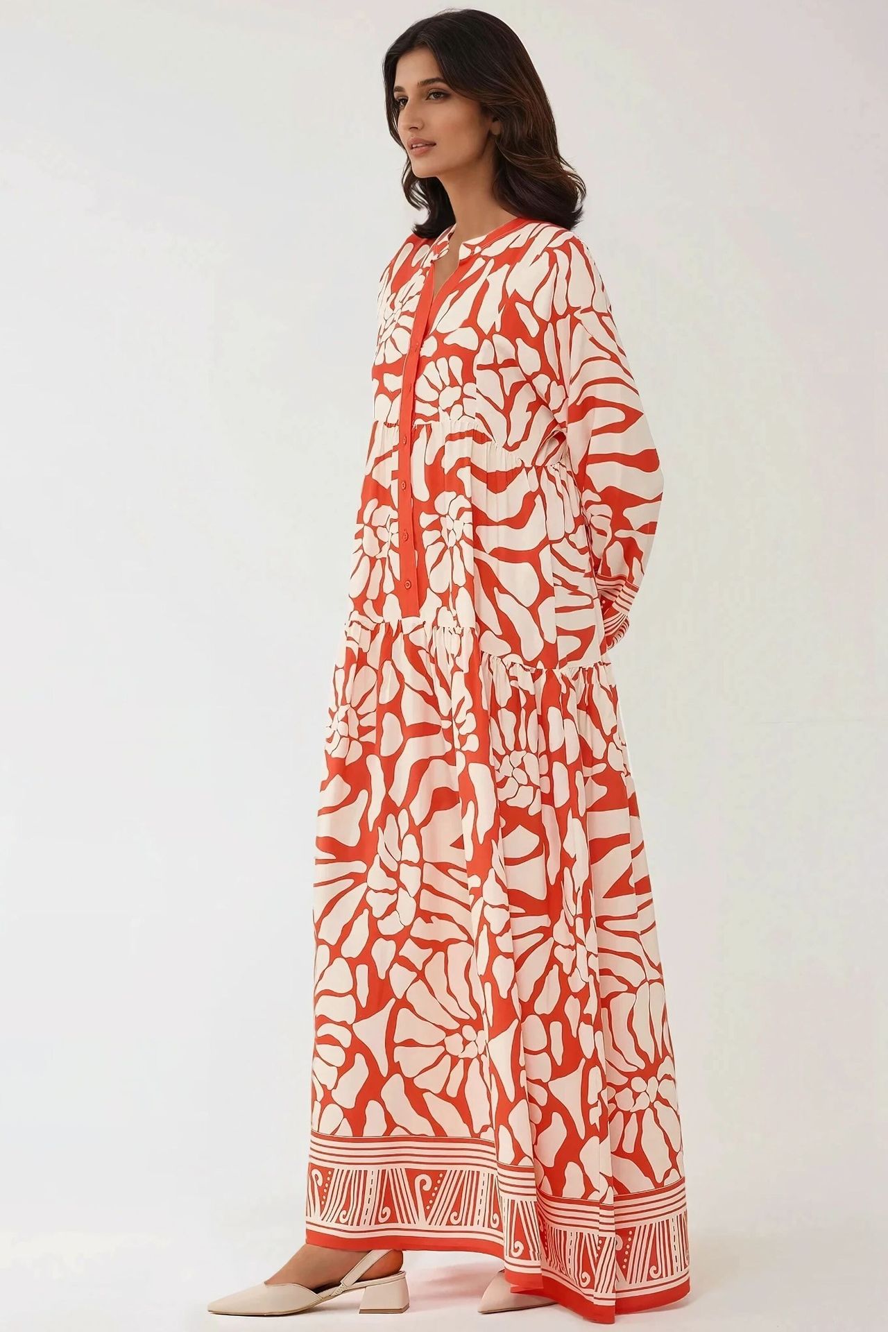 Printed Long Sleeve Viscose Maxi Dress 