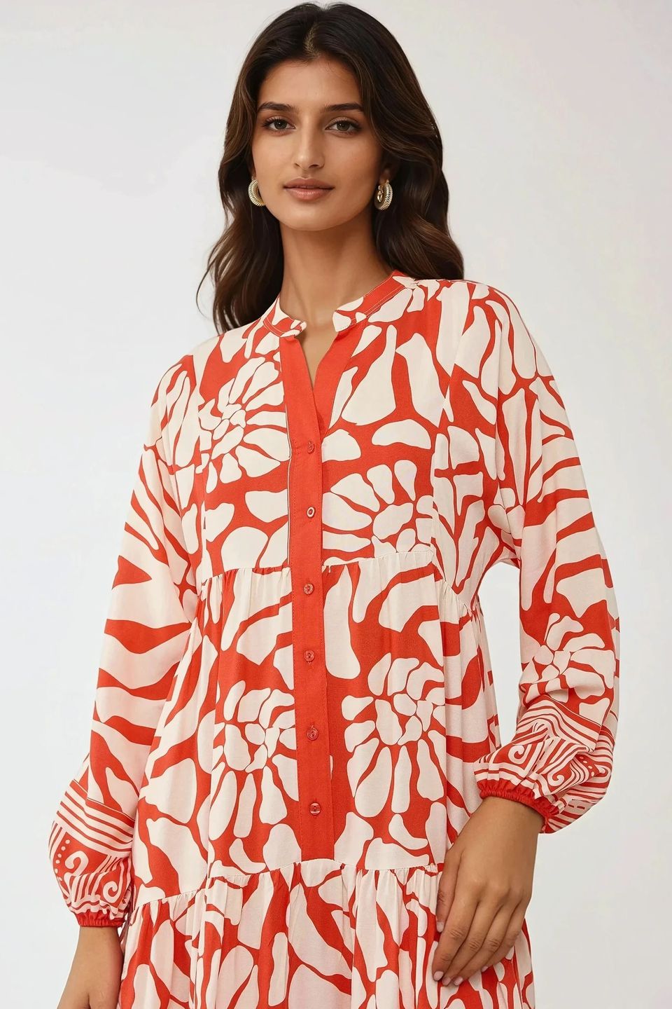 Printed Long Sleeve Viscose Maxi Dress 