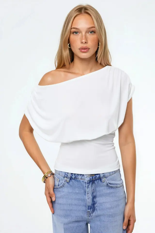 Asymmetrical Neck Short Sleeve Knit Blouse