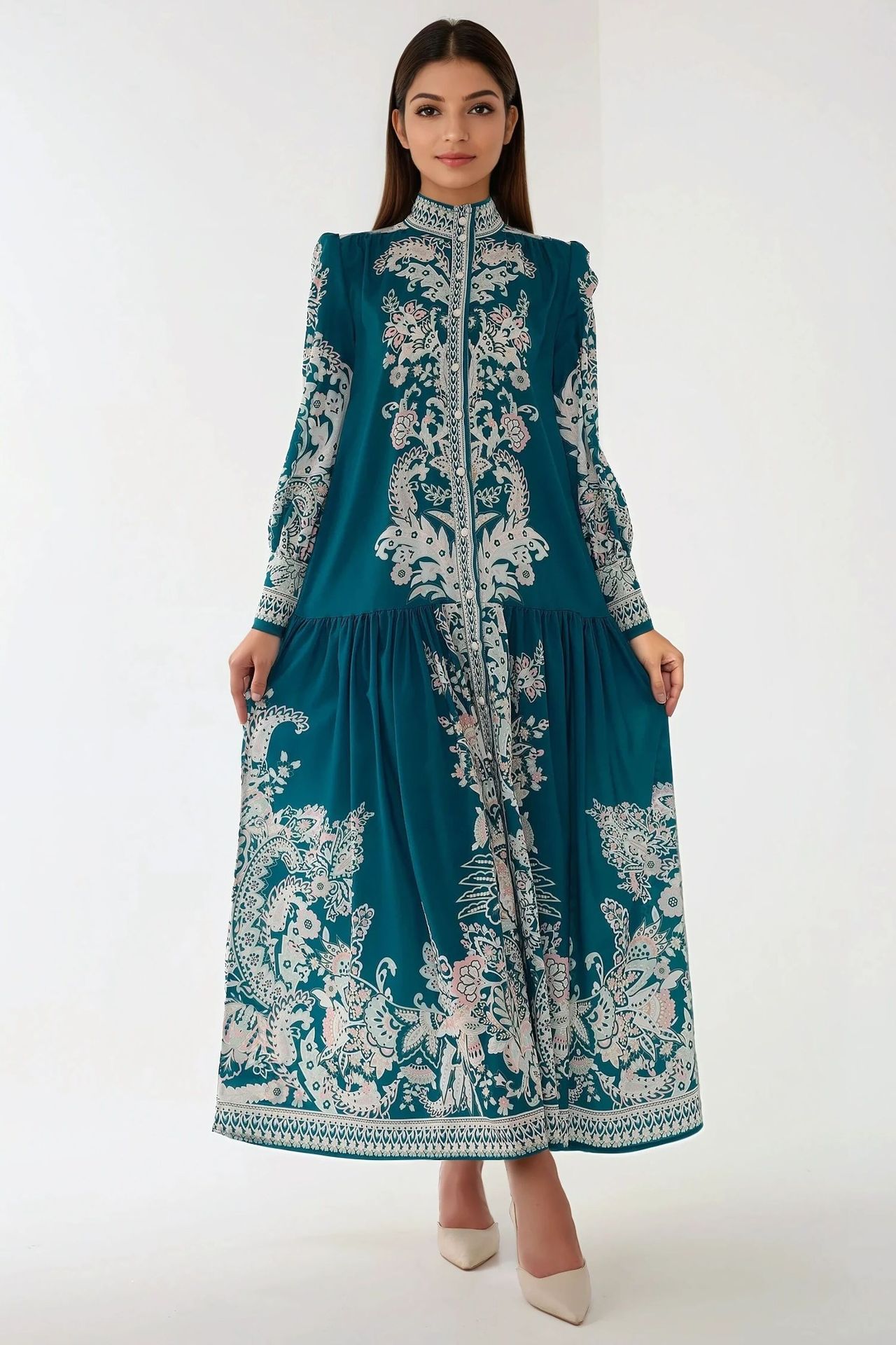 Printed Long Sleeve Maxi Dress with Belt