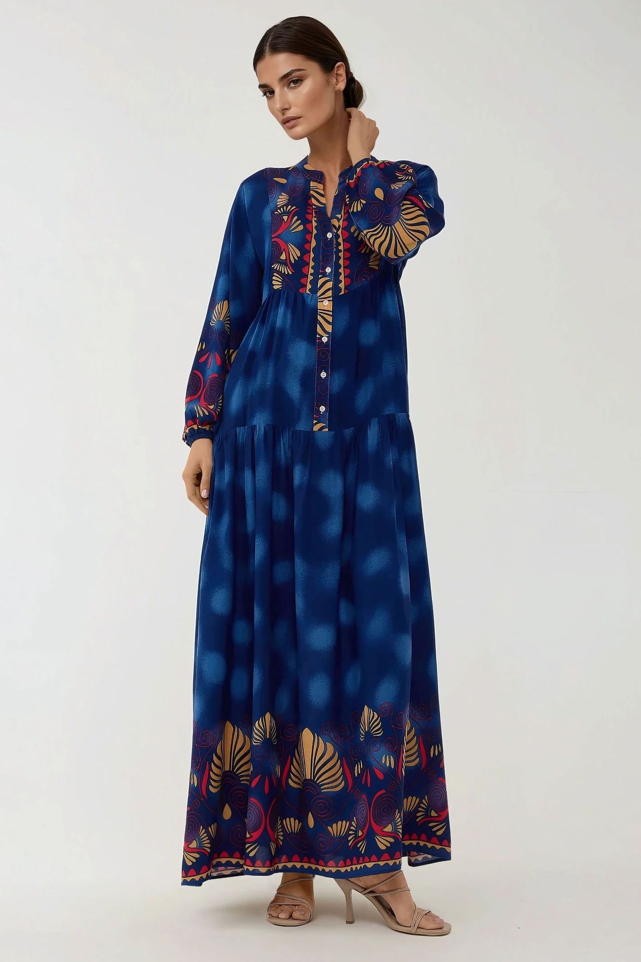 Printed Long Sleeve Viscose Maxi Dress 