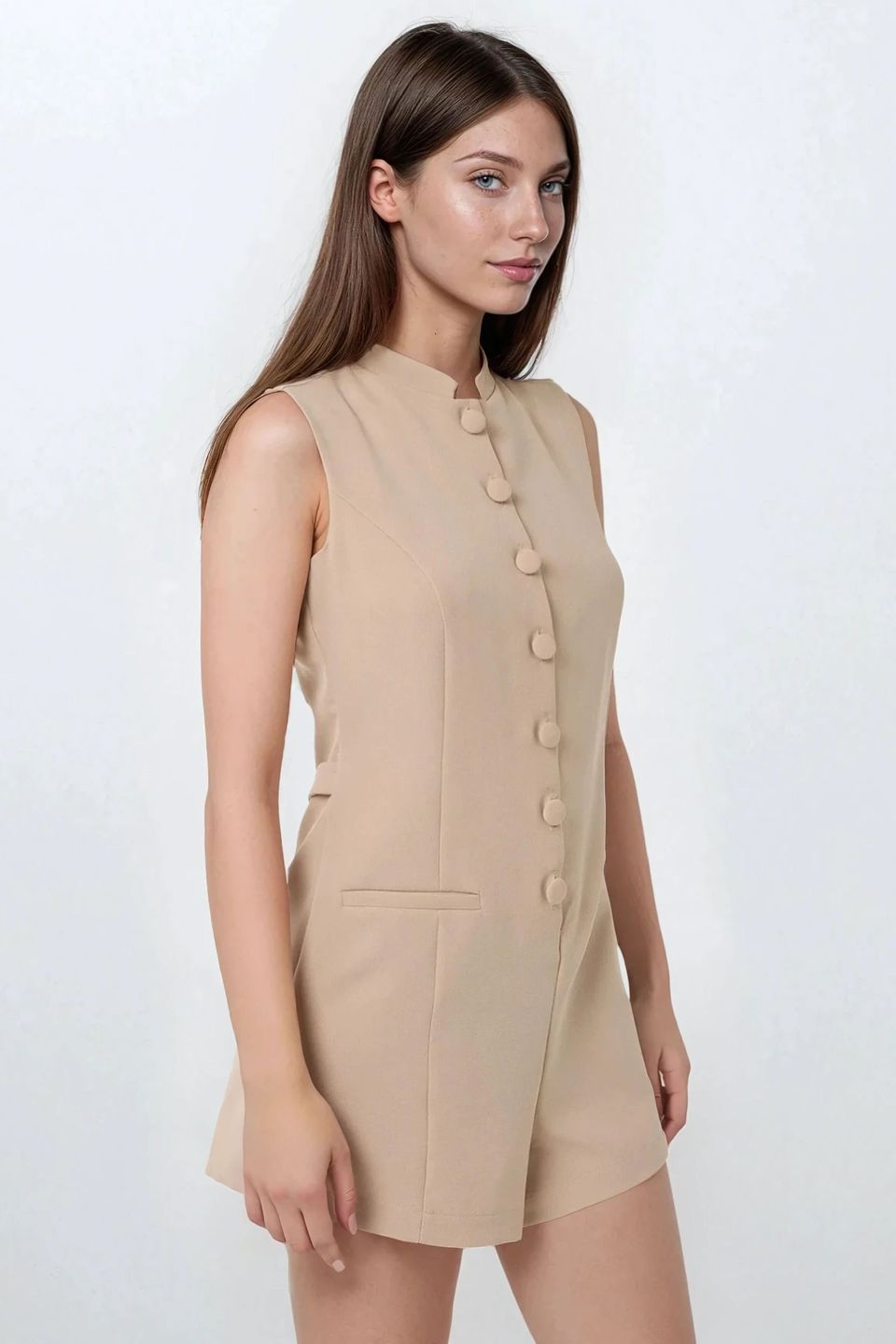 Short Leg Crew Neck Jumpsuit with Button Detail