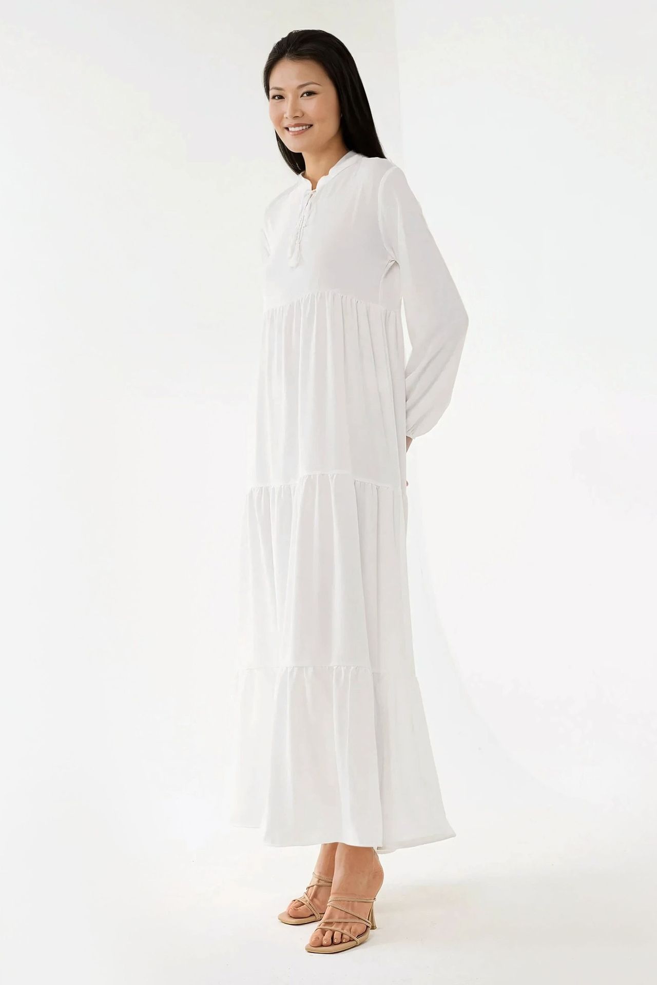 Textured Crew Neck Maxi Dress with Buttons