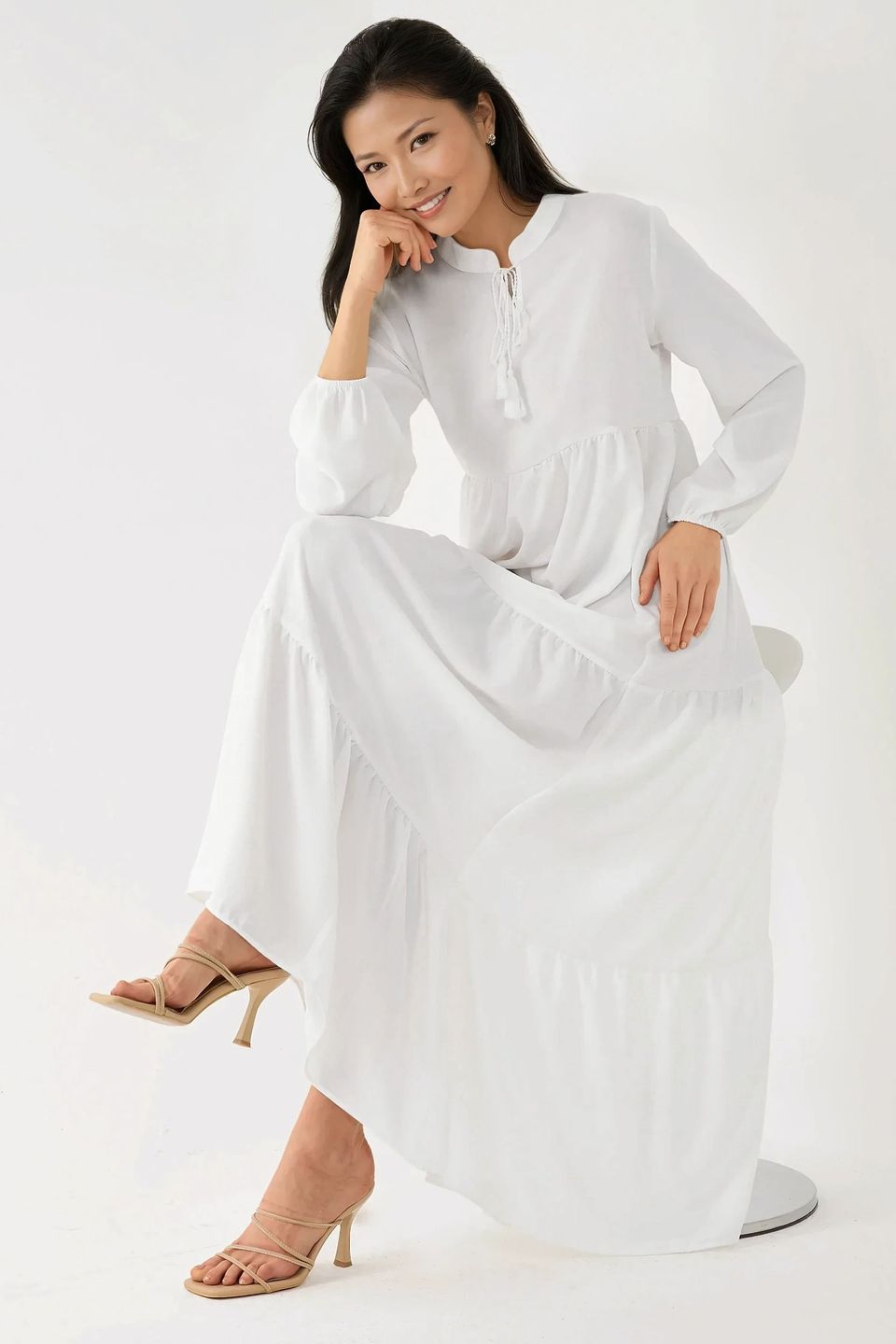 Textured Crew Neck Maxi Dress with Buttons