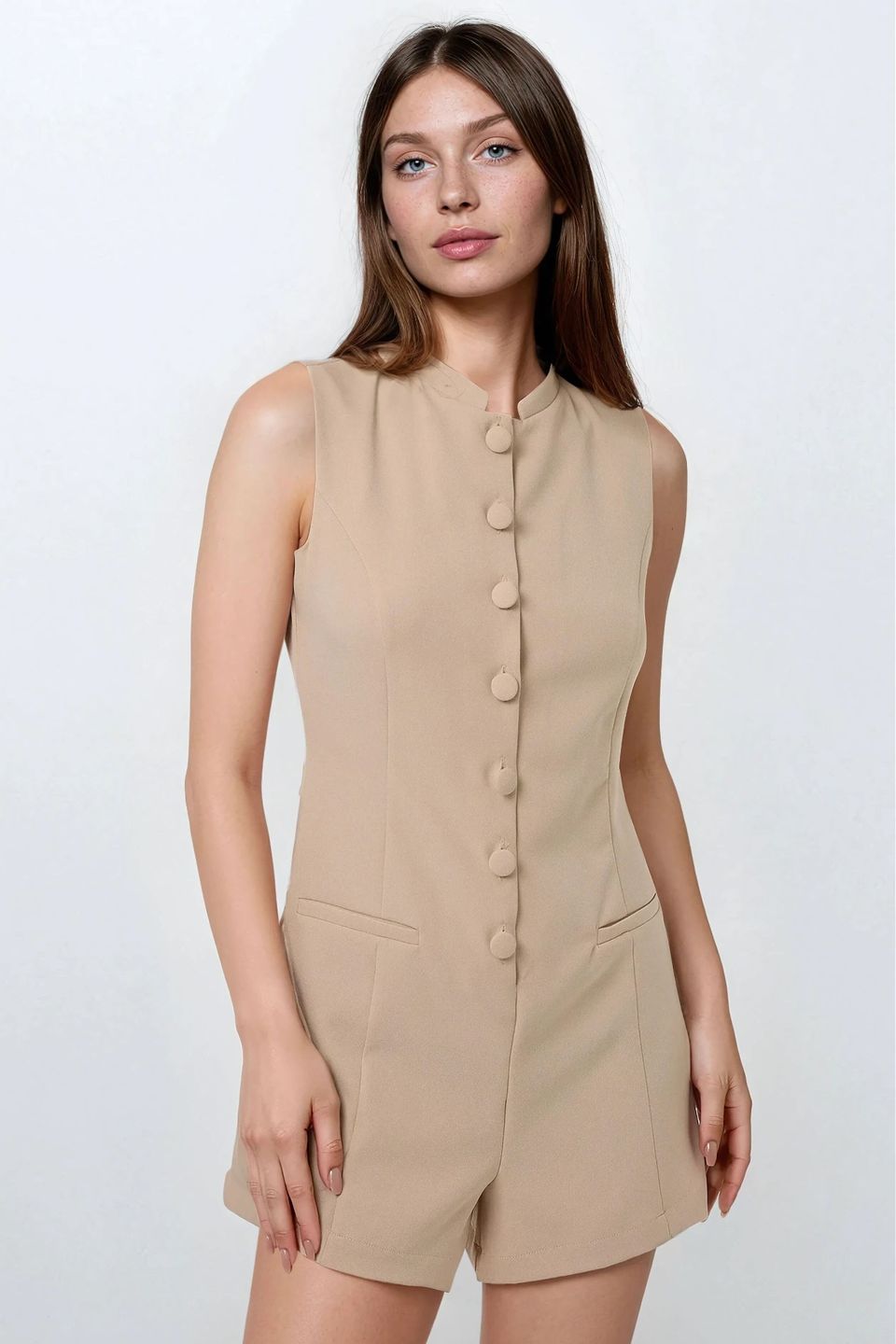 Short Leg Crew Neck Jumpsuit with Button Detail