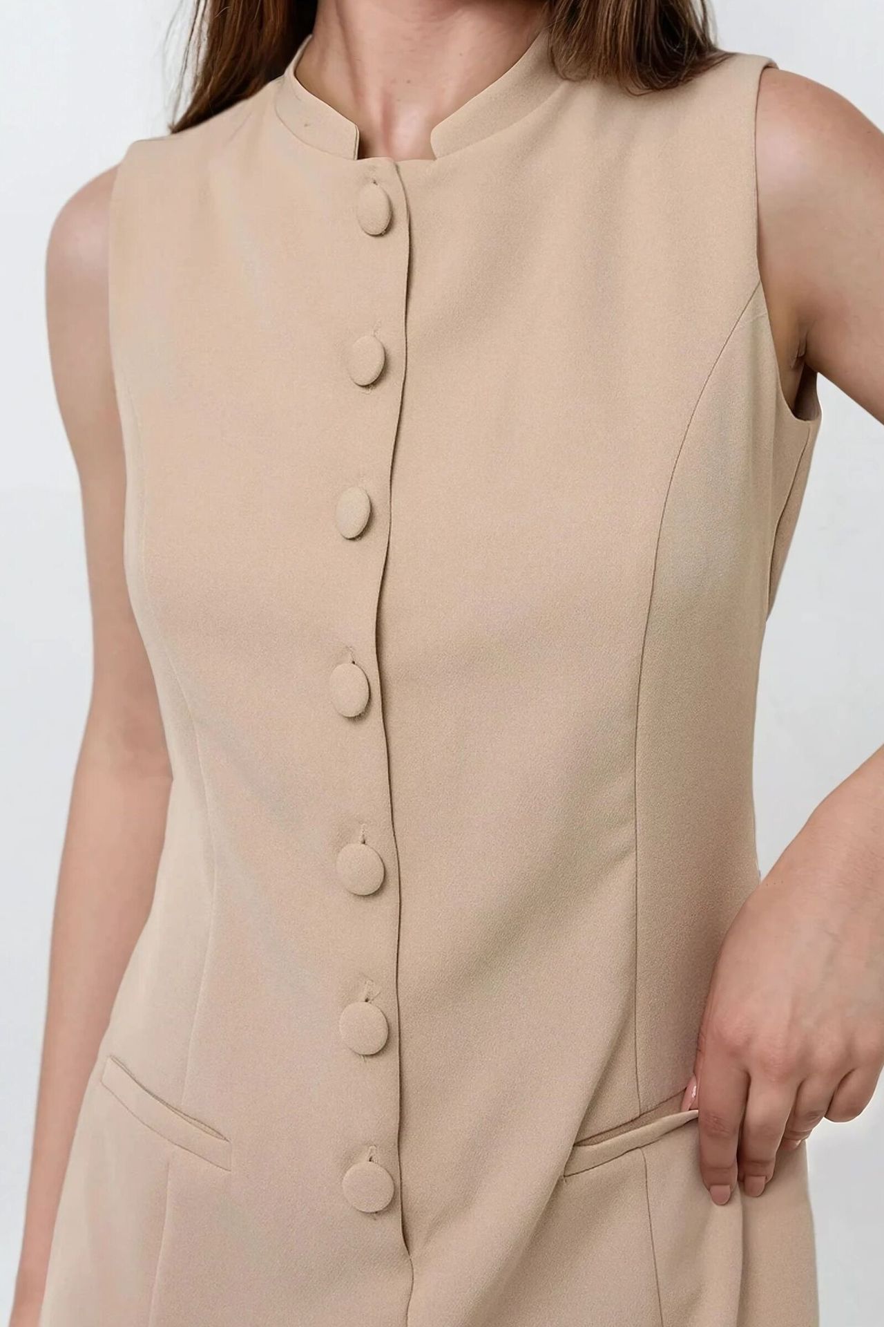 Short Leg Crew Neck Jumpsuit with Button Detail