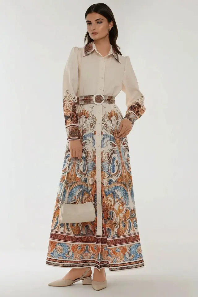 Printed Long Sleeve Maxi Dress with Belt
