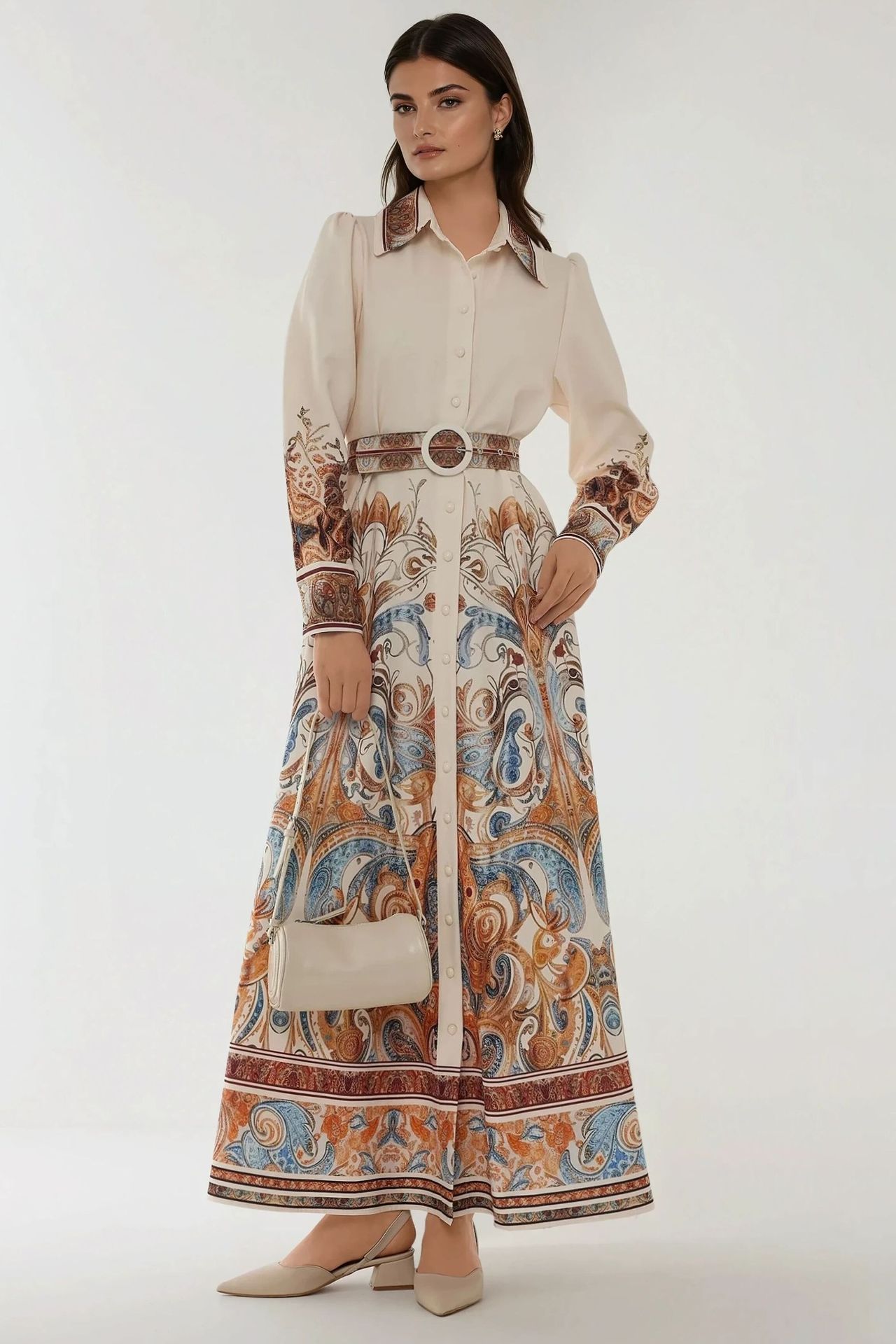Printed Long Sleeve Maxi Dress with Belt