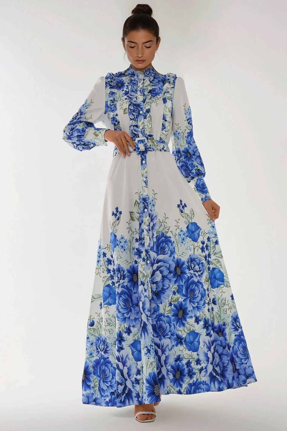 Printed Long Sleeve Maxi Dress with Belt