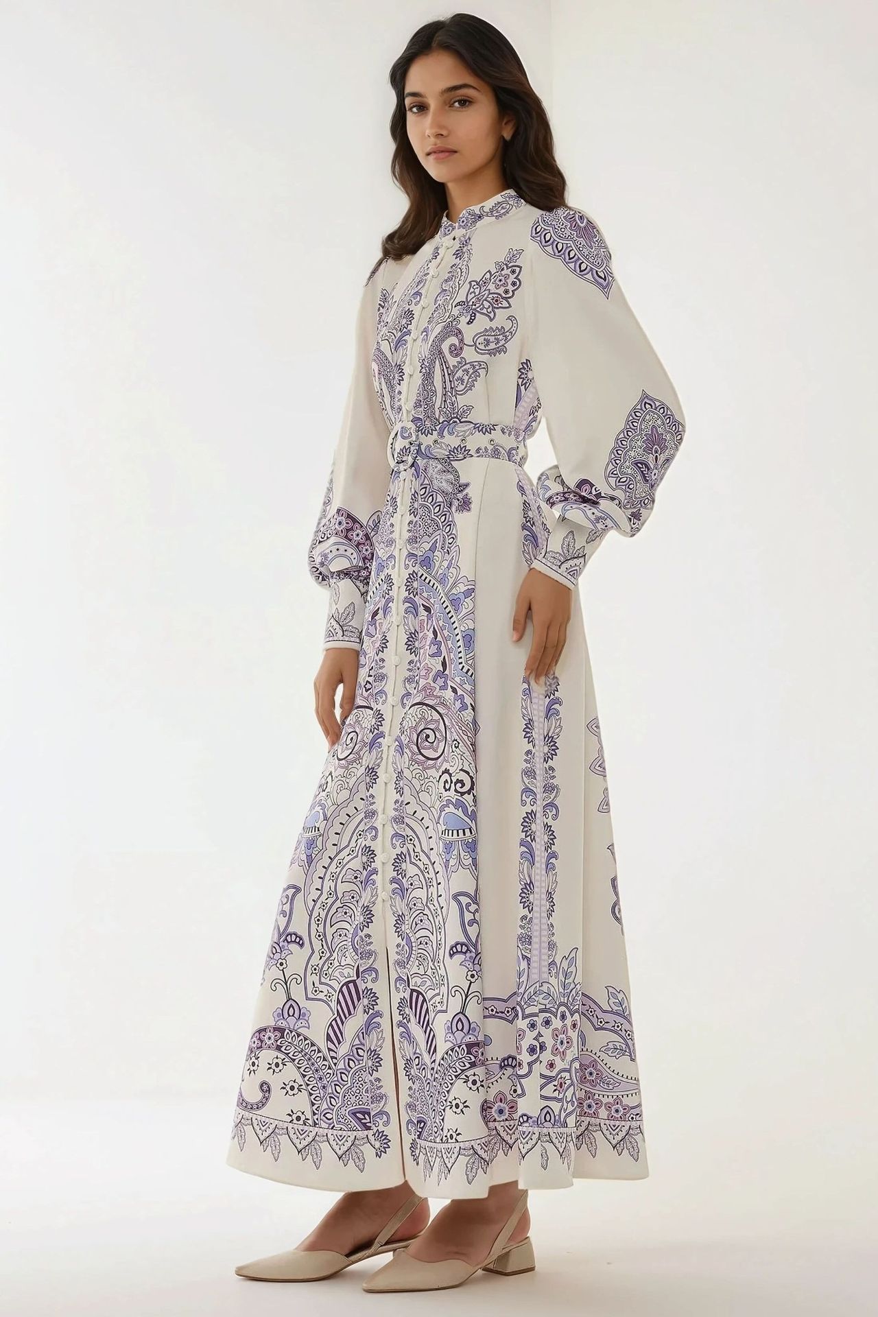Printed Long Sleeve Maxi Dress with Belt