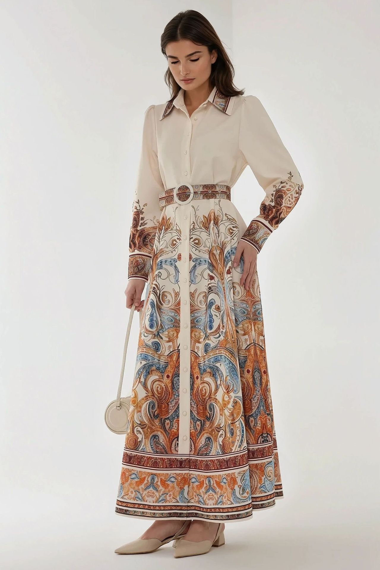 Printed Long Sleeve Maxi Dress with Belt