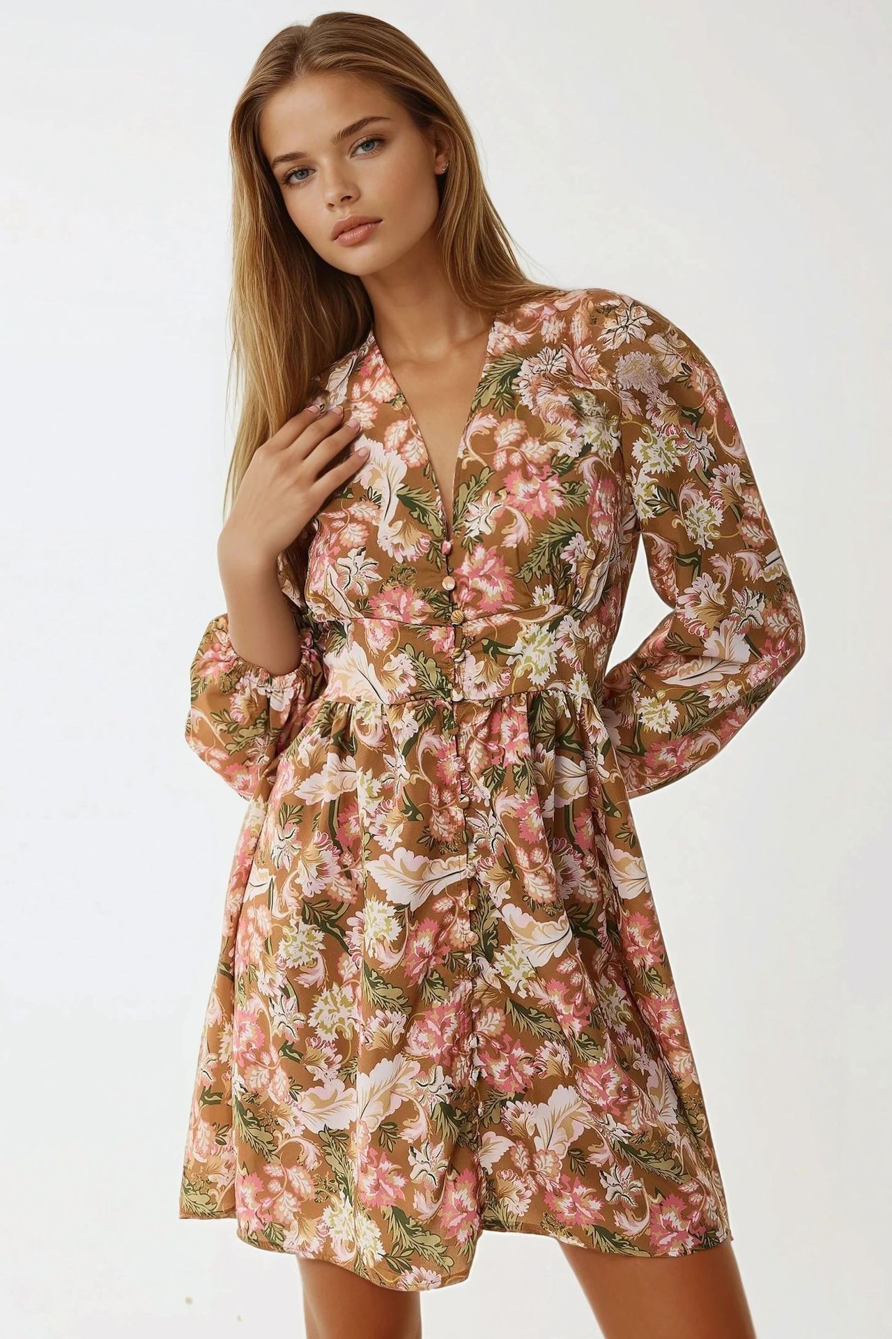 V-Neck Mini Dress with Floral Print