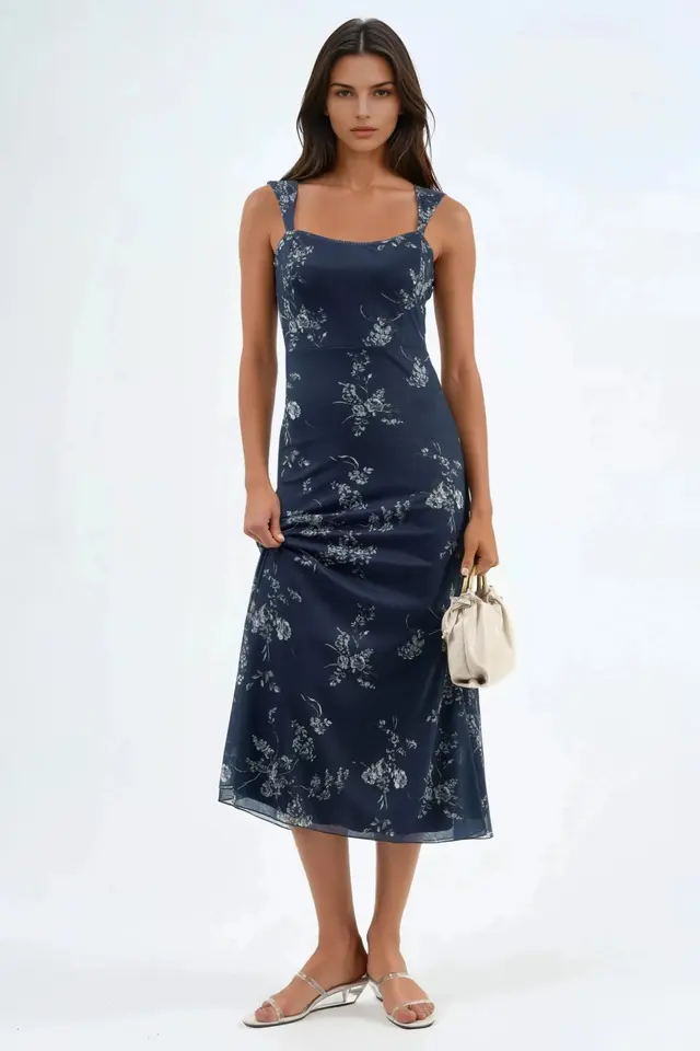 Floral Midi Dress with Heart Collar
