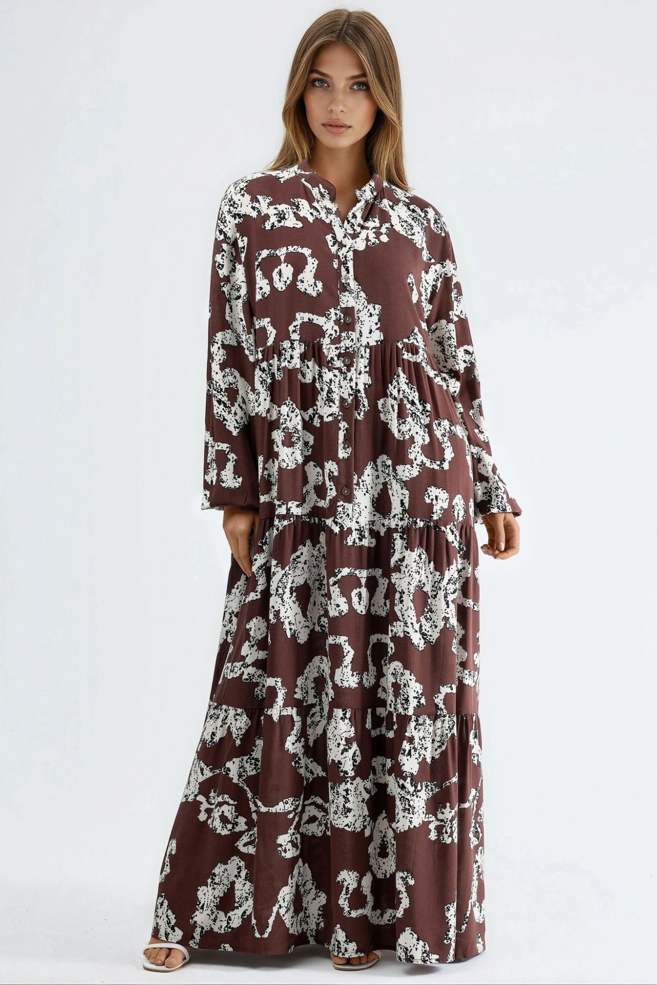 V-Neck Patterned Maxi Dress with Buttons 7