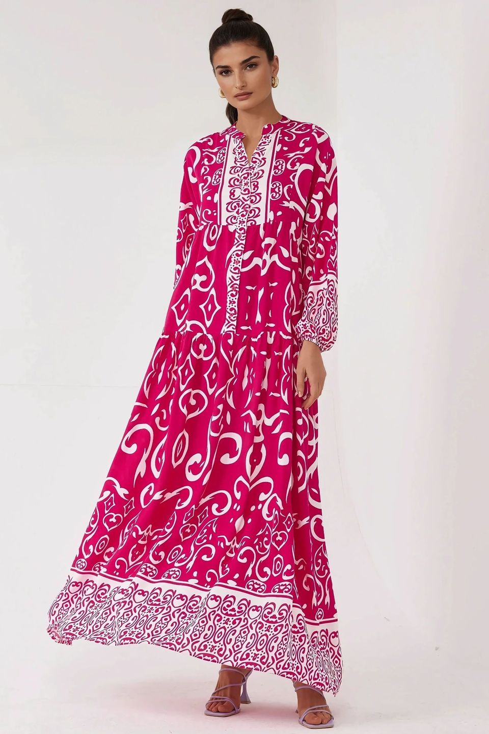 Printed Long Sleeve Viscose Maxi Dress 