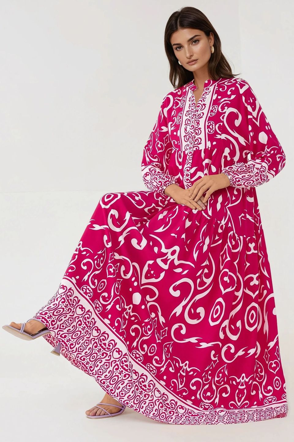 Printed Long Sleeve Viscose Maxi Dress 