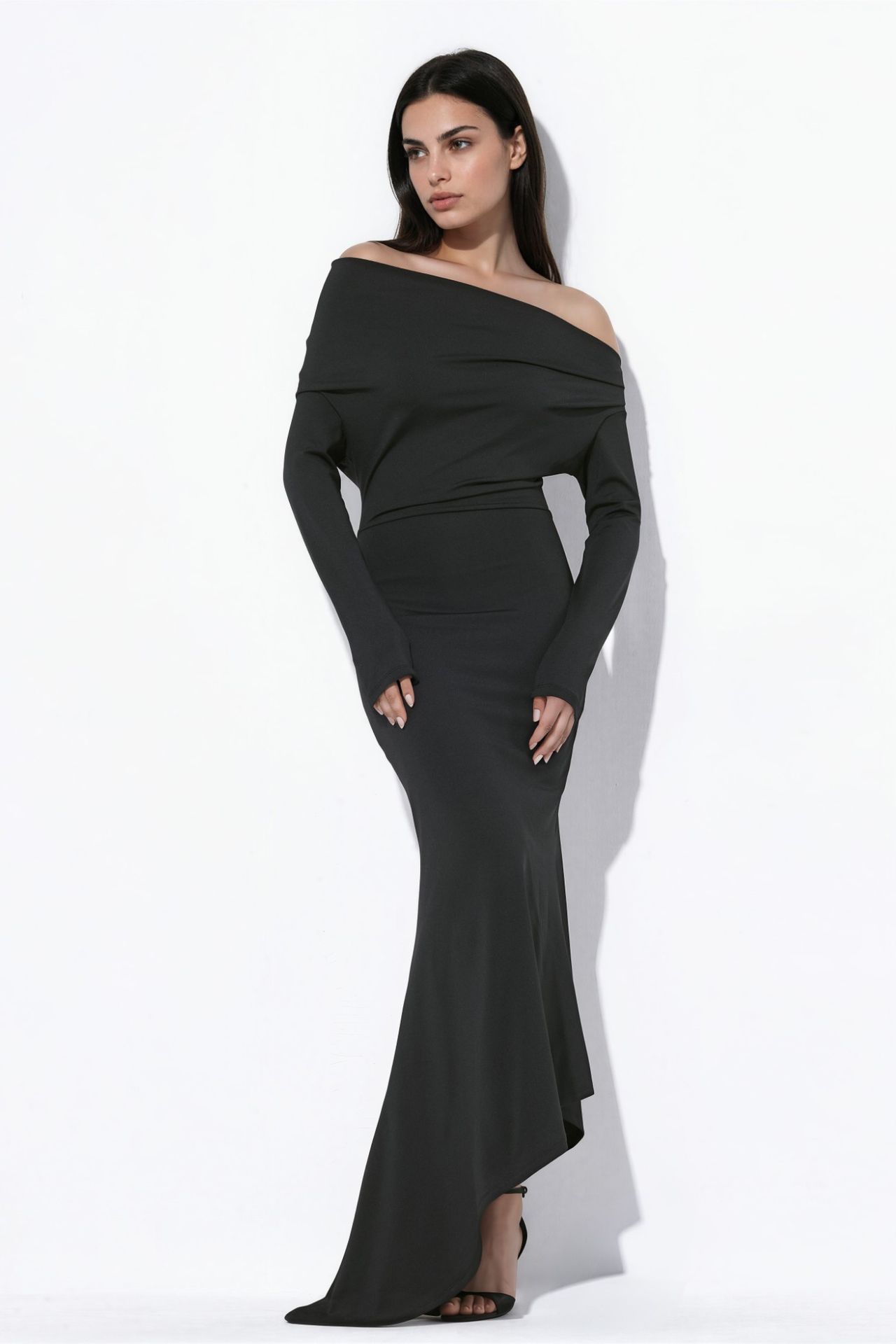 Boat Neck Asymmetric Bodycon Maxi Dress