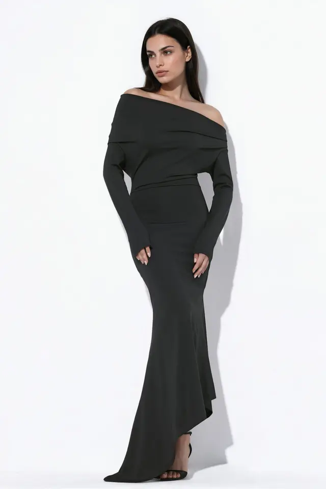 Boat Neck Asymmetric Bodycon Maxi Dress