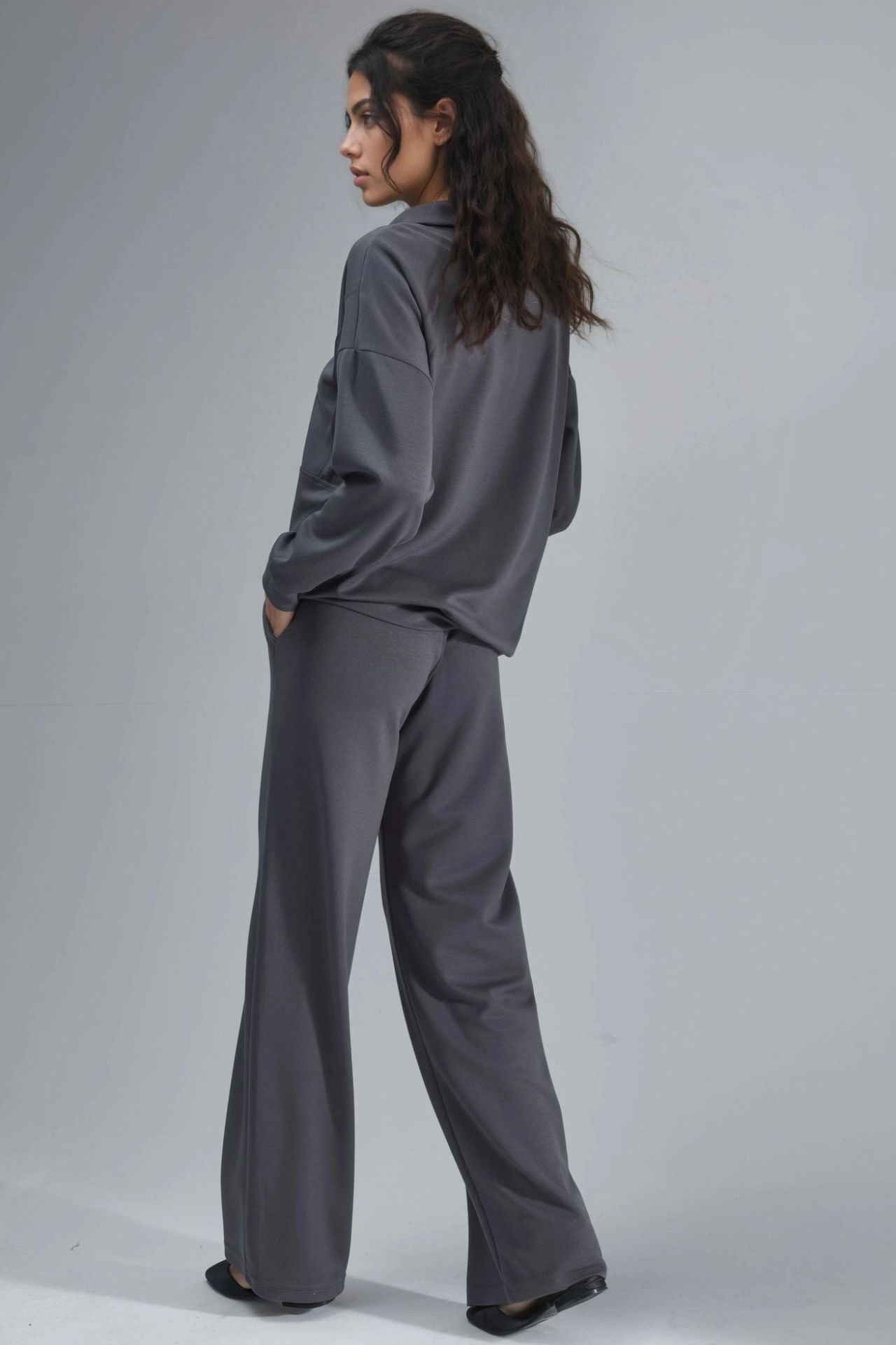 Modal Touch Two-Piece Wide Leg Set with Zipper Collar Bersan Collection