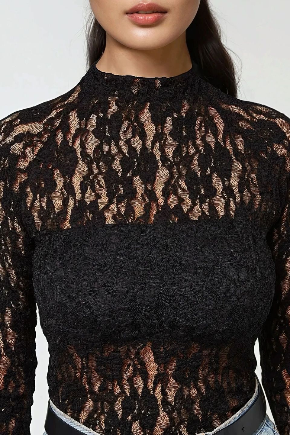 Lace Guipure Slim Fit Crew Neck Blouse