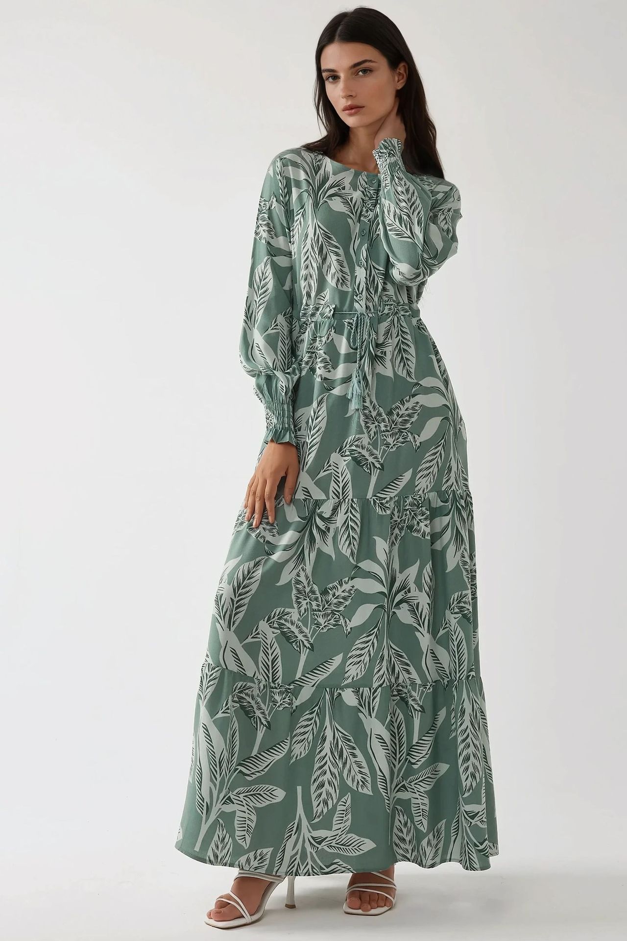 Printed Long Sleeve Viscose Maxi Dress 