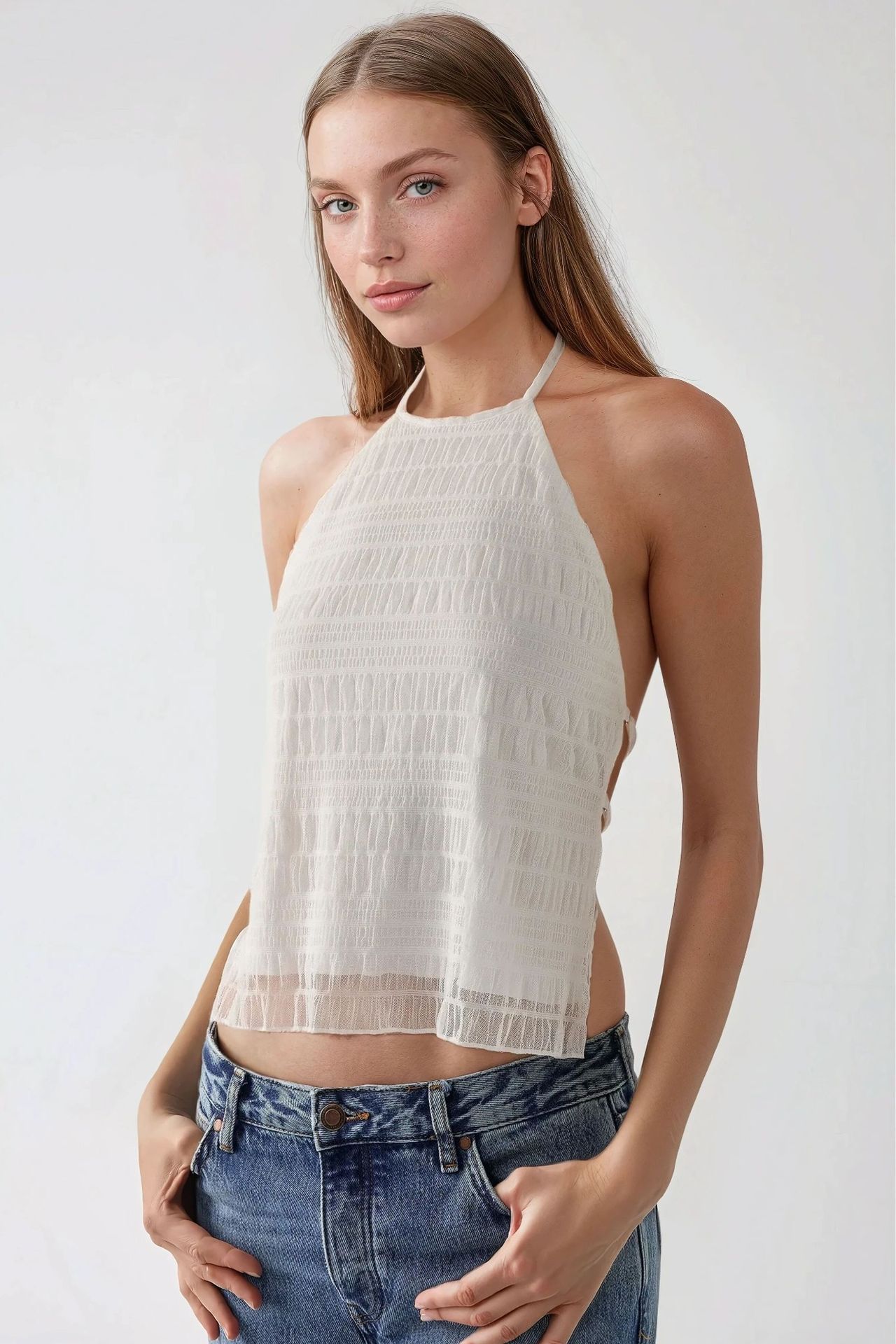 Textured Halter Neck Fitted Top