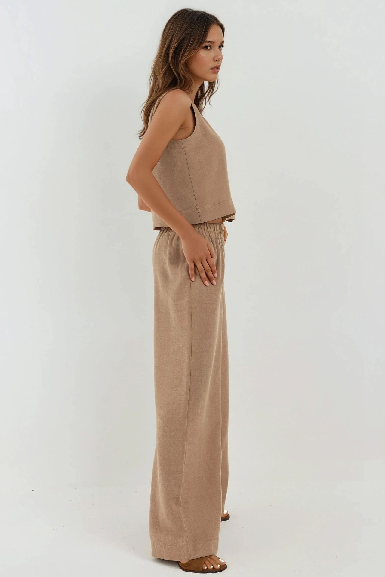 Linen Feel Blouse & Elastic Waist Pants Two-Piece Coord Set 2