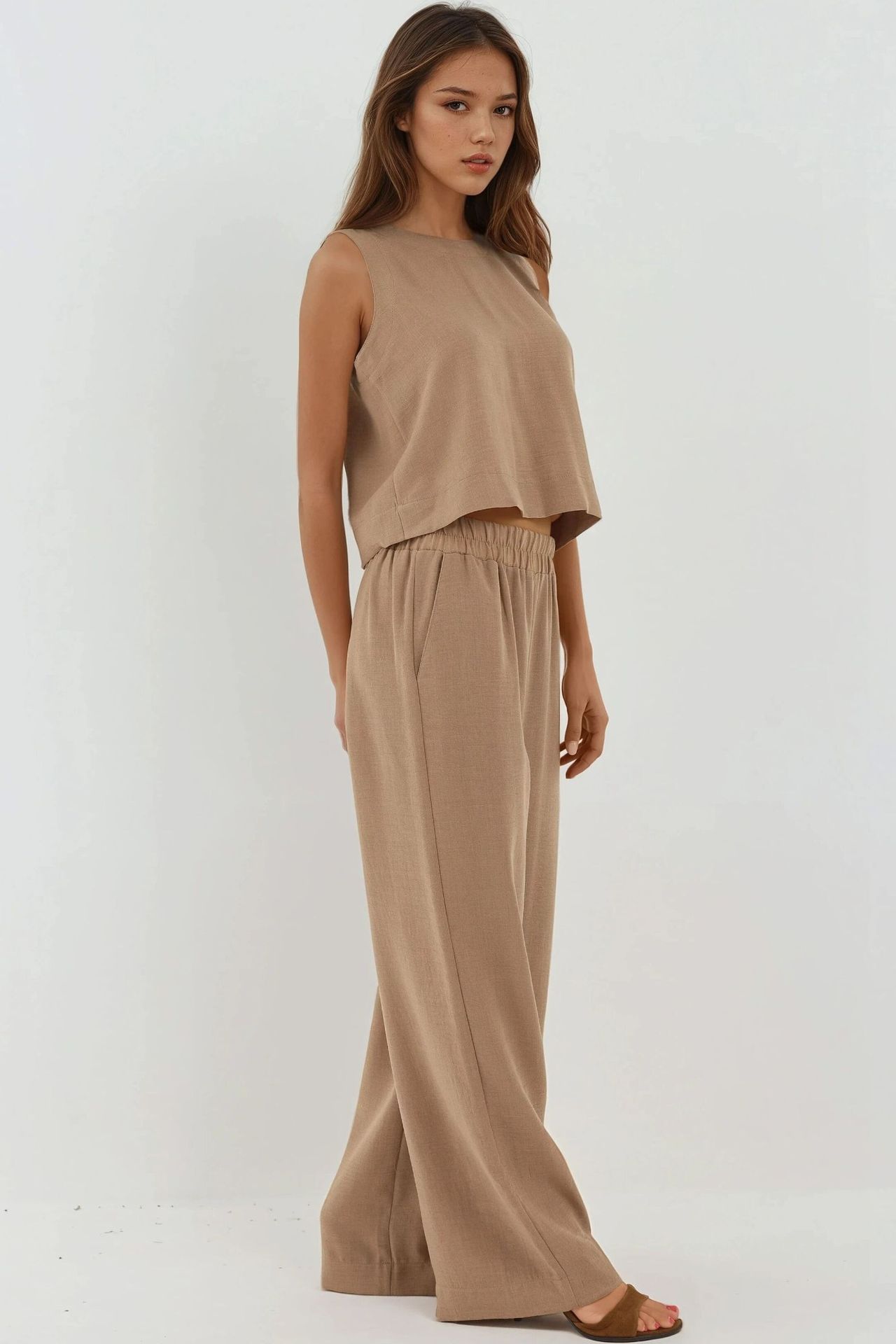 Linen Feel Blouse & Elastic Waist Pants Two-Piece Coord Set 3