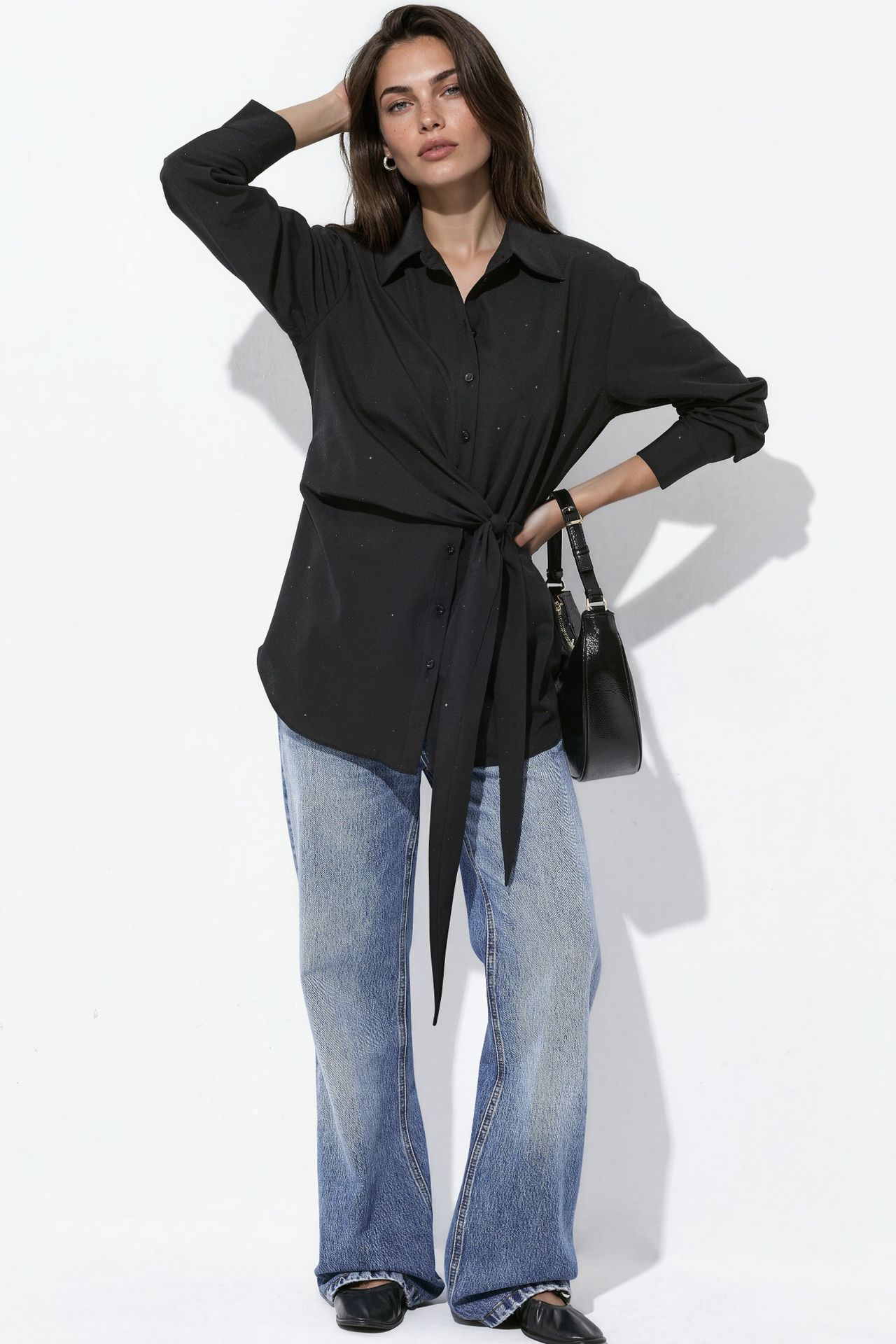 Allover Rhinestone Embellished Shirt with Tie Detail 6