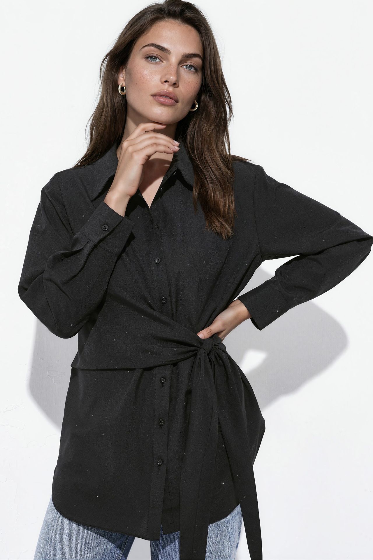 Allover Rhinestone Embellished Shirt with Tie Detail 1