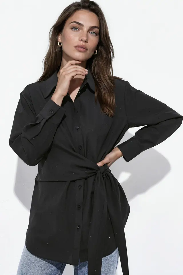 Allover Rhinestone Embellished Shirt with Tie Detail