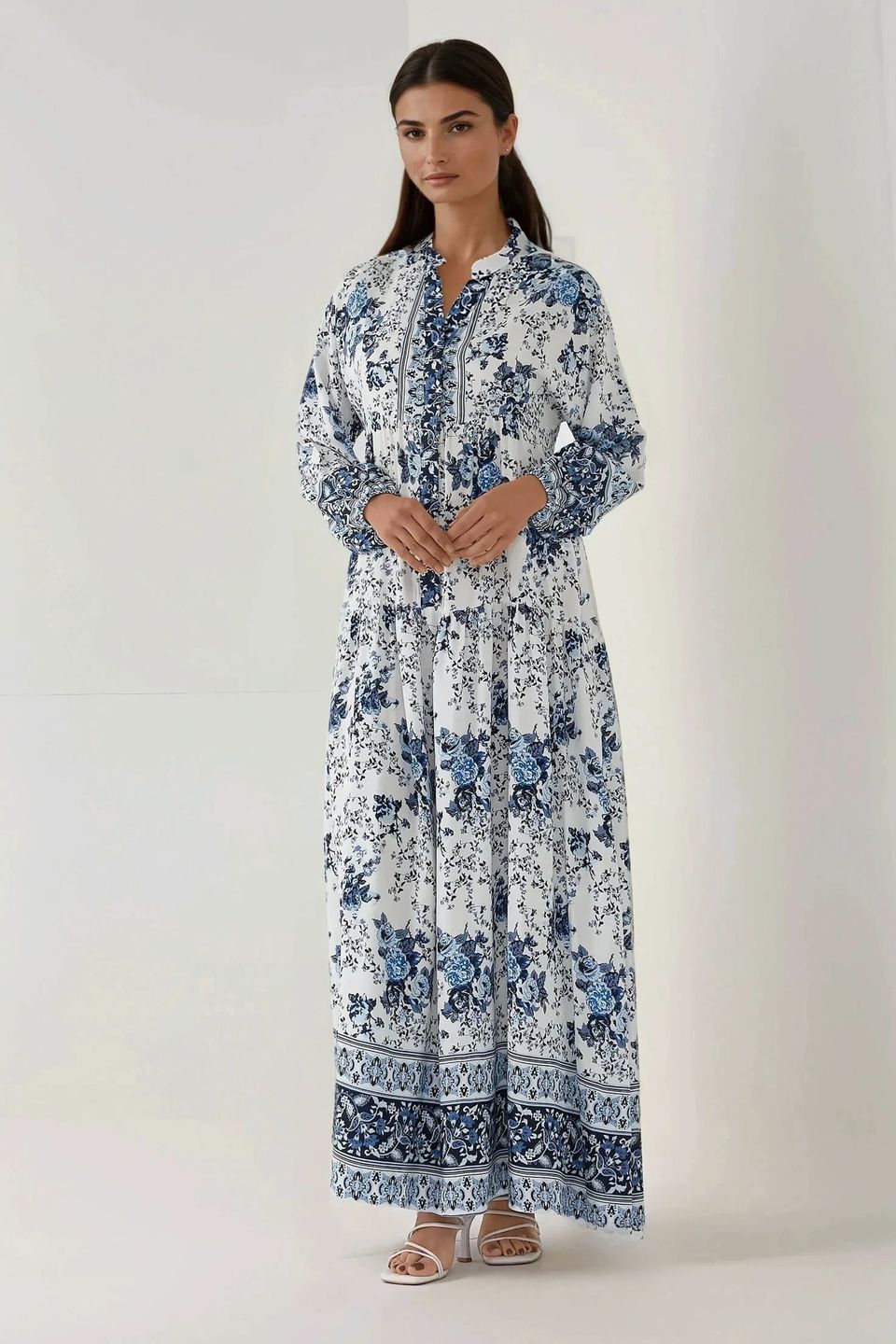 Printed Long Sleeve Viscose Maxi Dress 