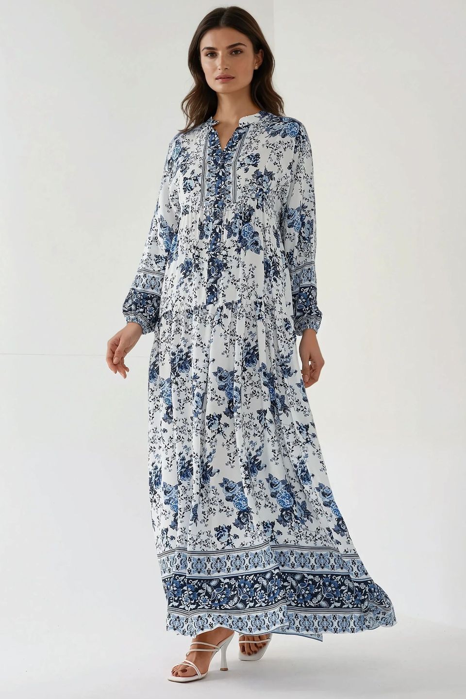 Printed Long Sleeve Viscose Maxi Dress 
