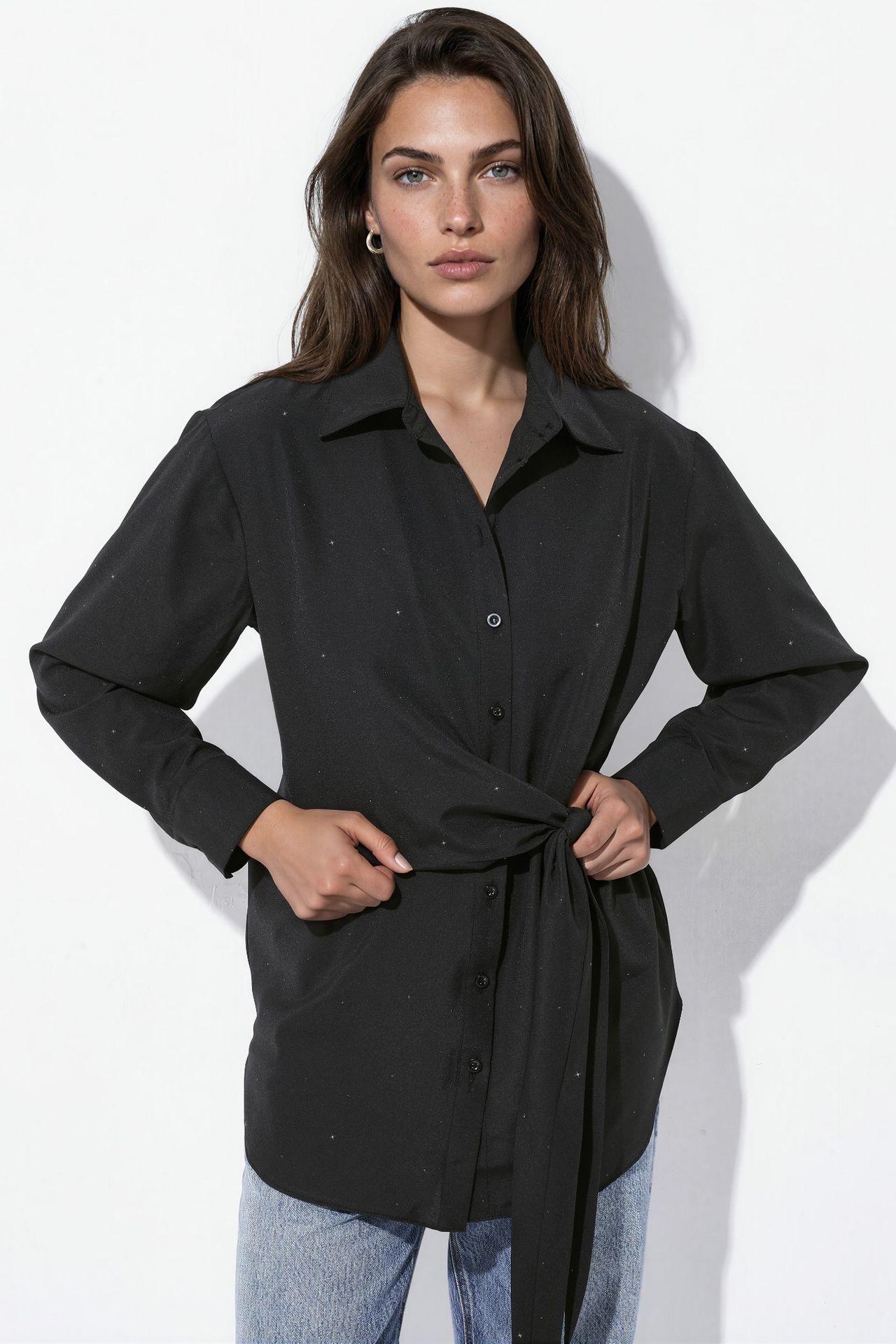 Allover Rhinestone Embellished Shirt with Tie Detail 2