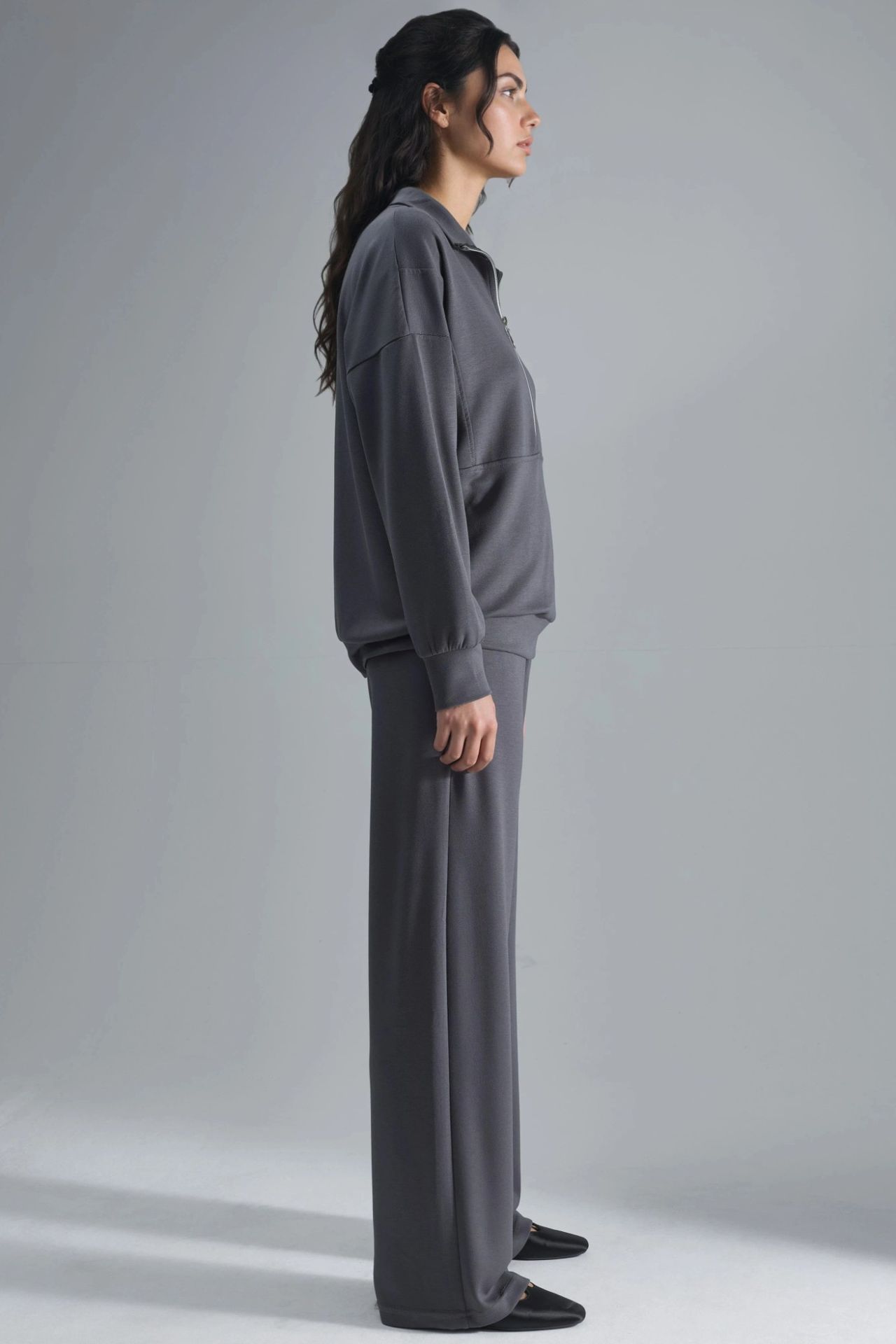 Modal Touch Two-Piece Wide Leg Set with Zipper Collar Bersan Collection