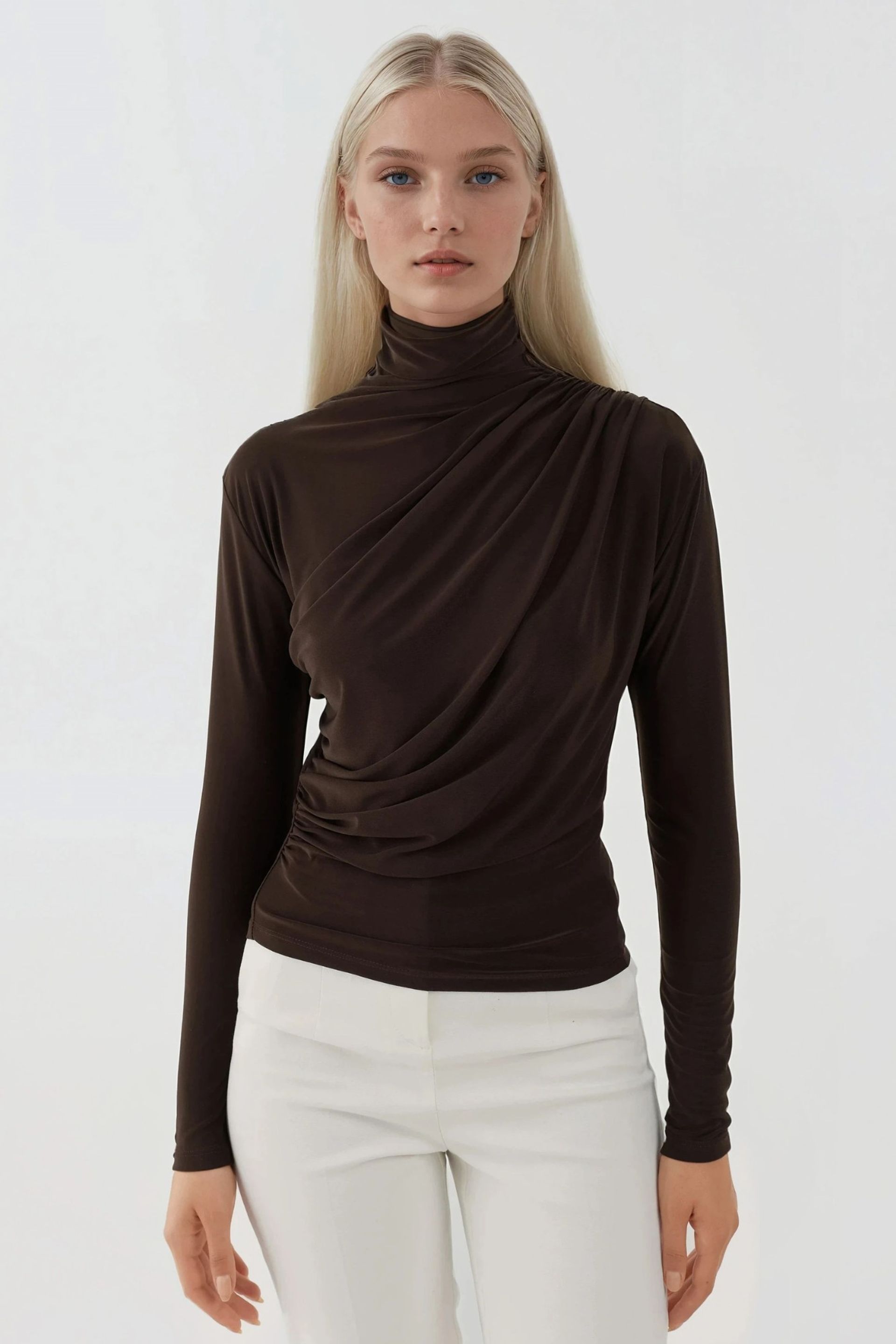 Brown Elegant Soft Touch Long Sleeve Knitted Top Women