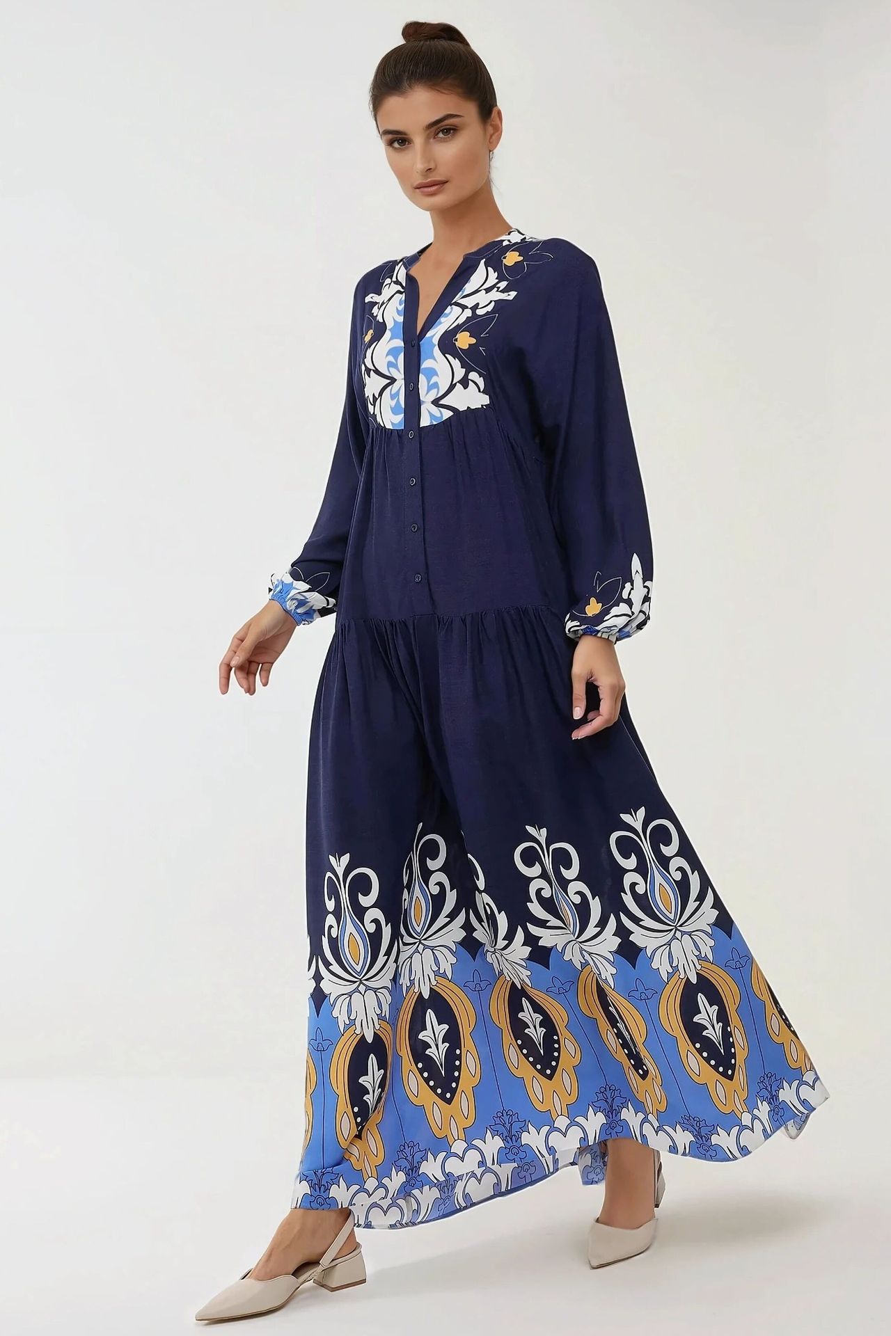 Printed Long Sleeve Viscose Maxi Dress 