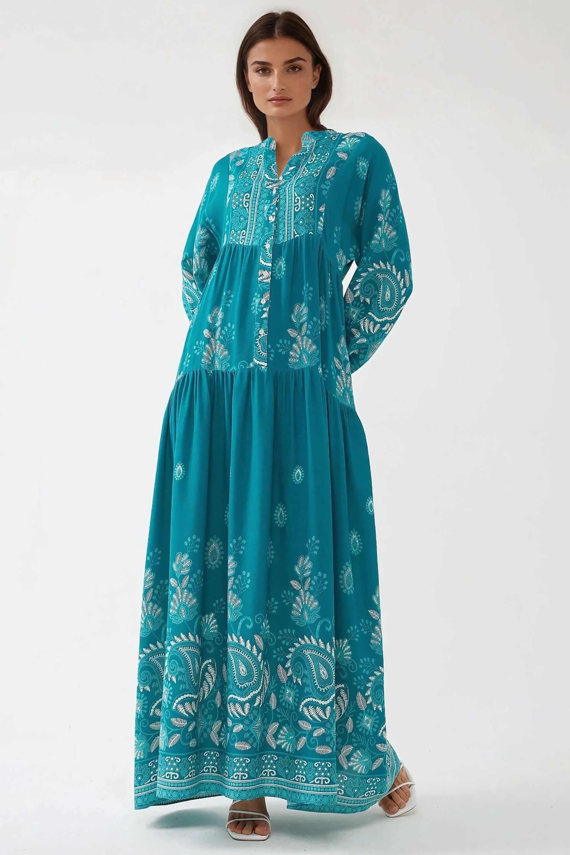 Green Printed Long Sleeve Viscose Maxi Dress Women